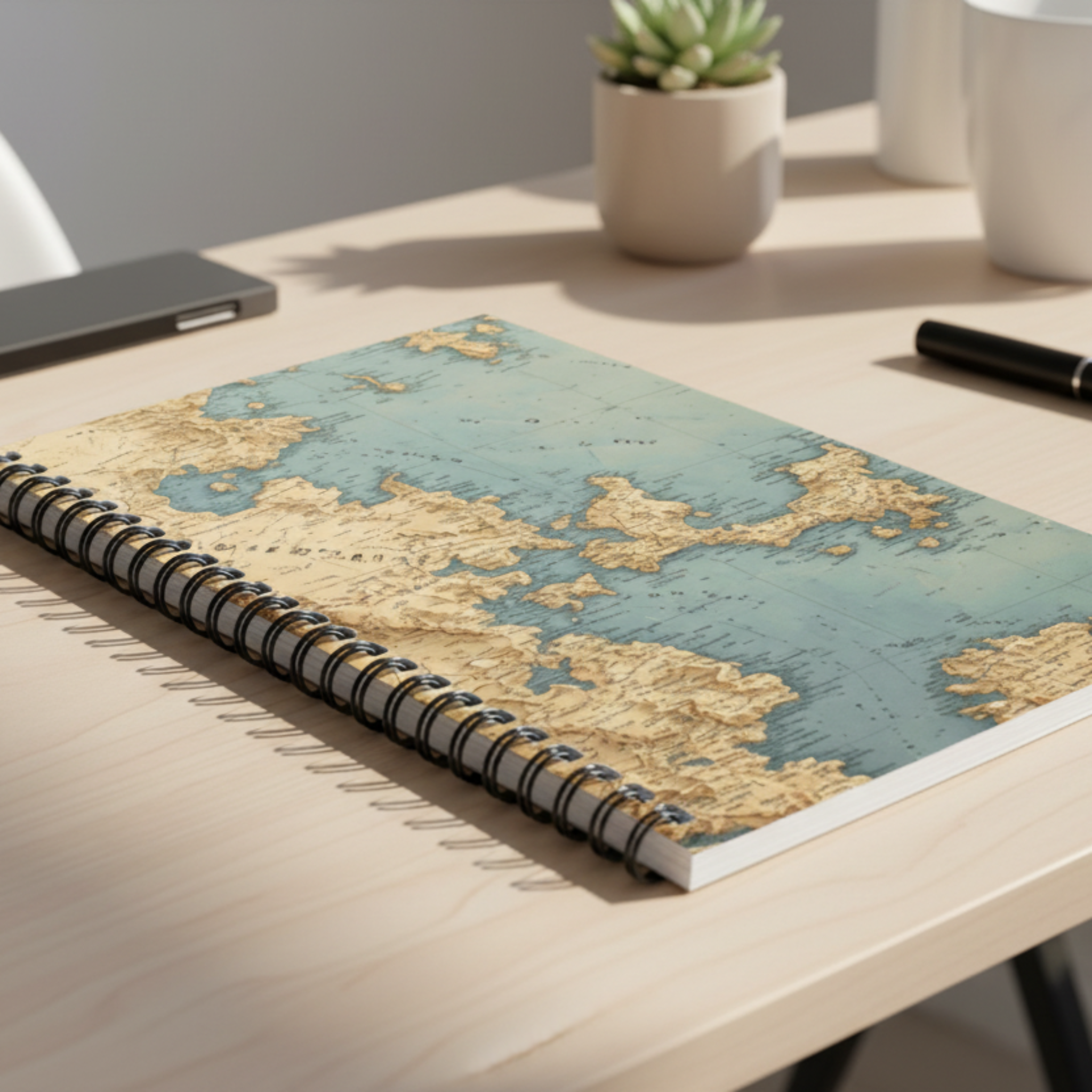 Notebook with world map design on a white background