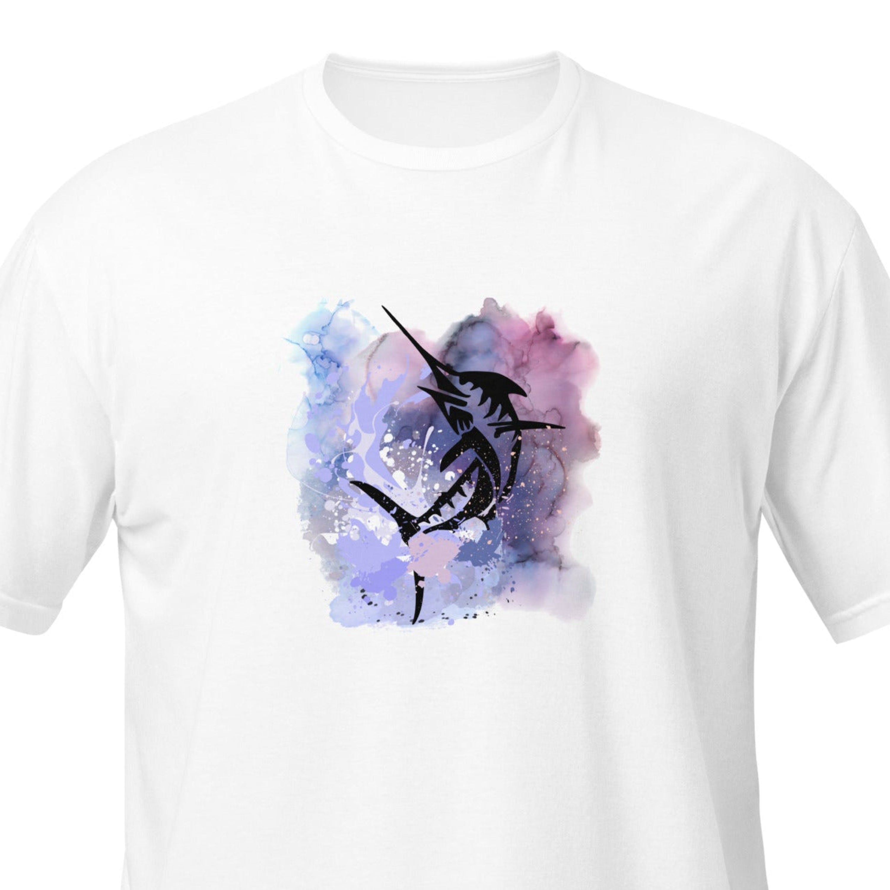 White t-shirt with a black fish design on a watercolor background. Marlin fish design. Istiophoridae Family