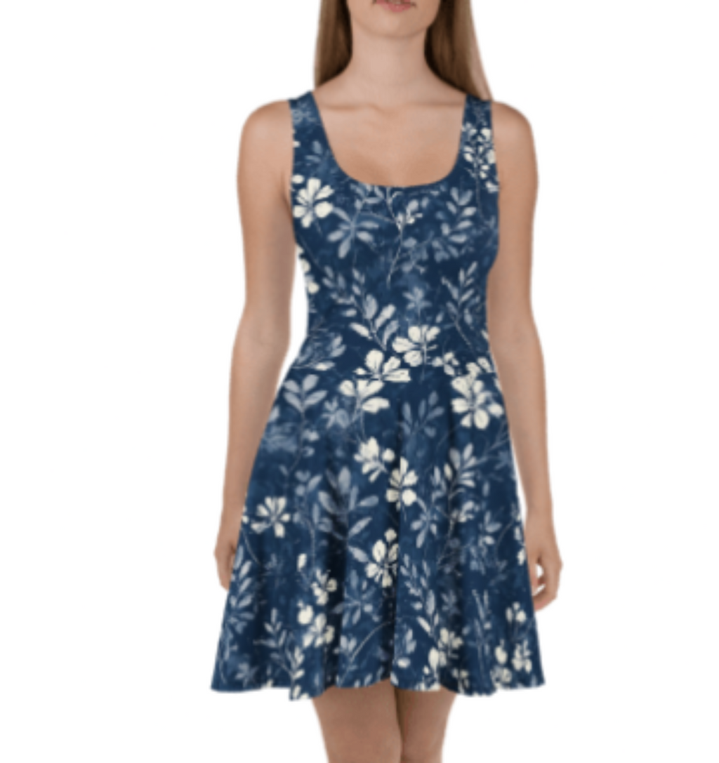 Woman wearing a blue floral dress on a white background