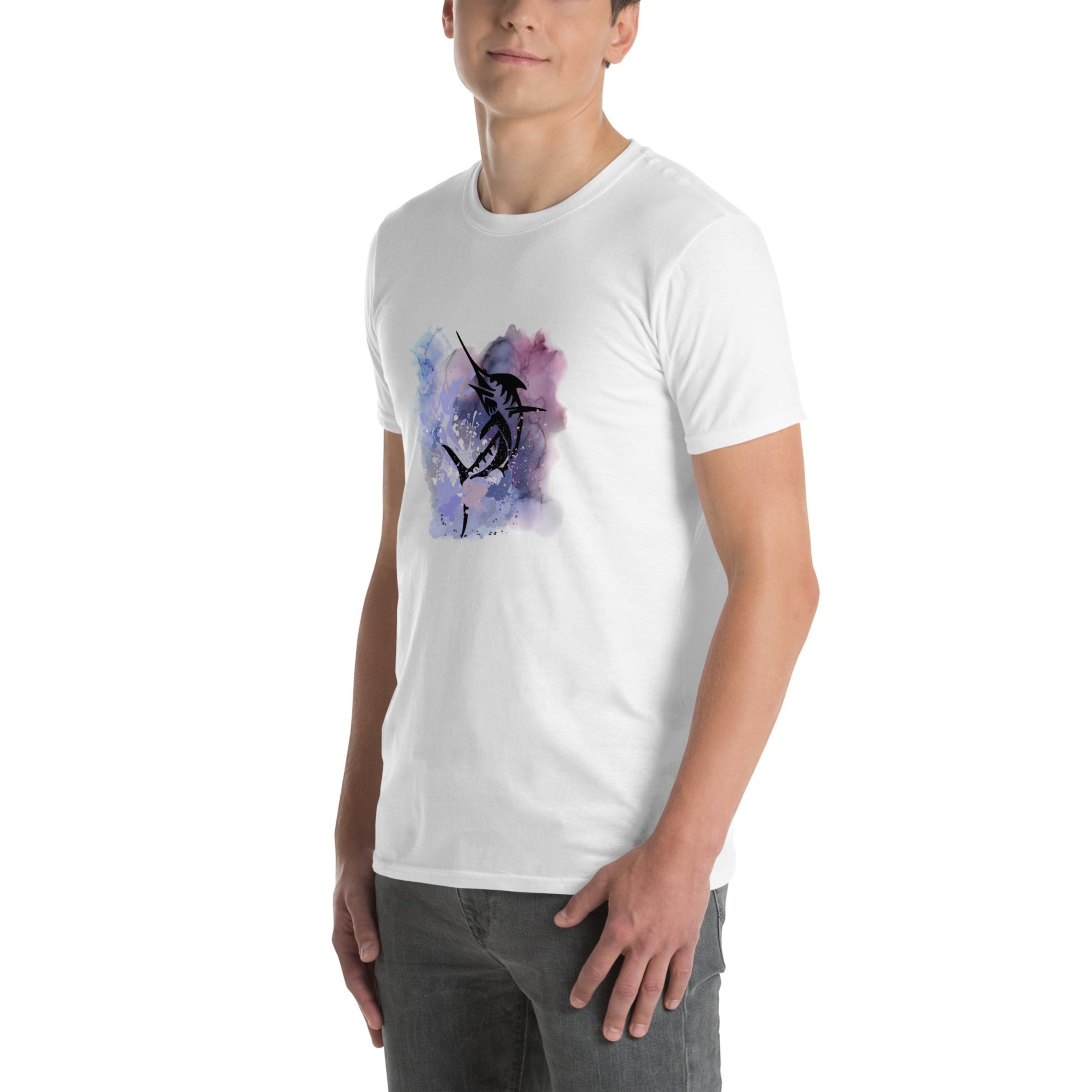 Man wearing a white t-shirt white a Sword fish jumping out of water design on front, white background. 