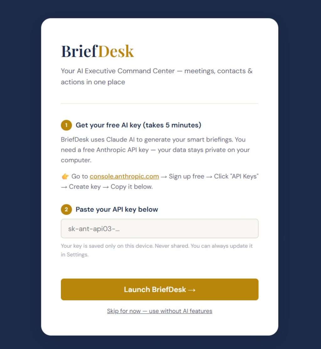 BriefDesk software setup screen with API key input and launch button on a dark blue background