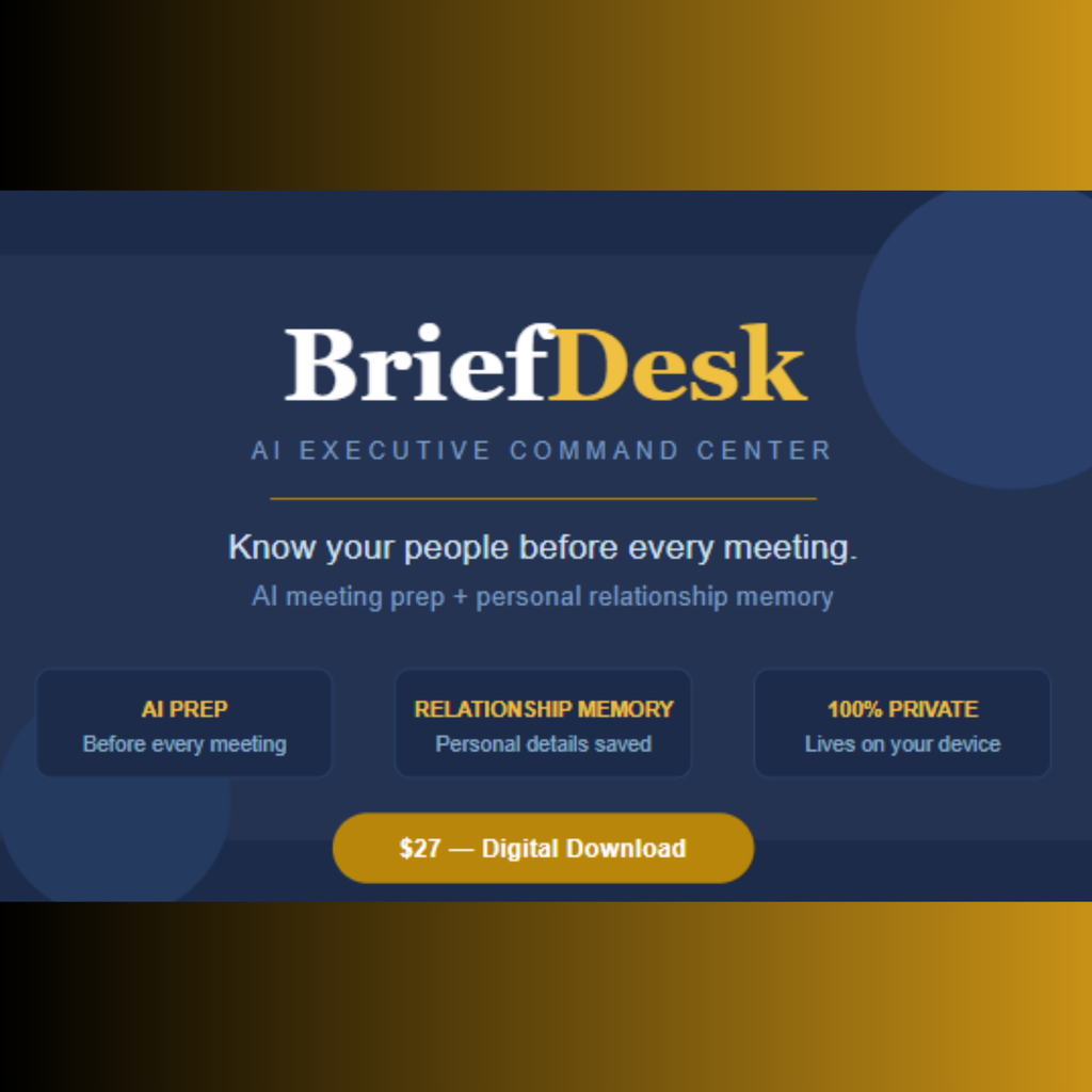 BriefDesk AI Executive Command Center advertisement with a blue and gold background. Powered by Claude AI by Anthropic.