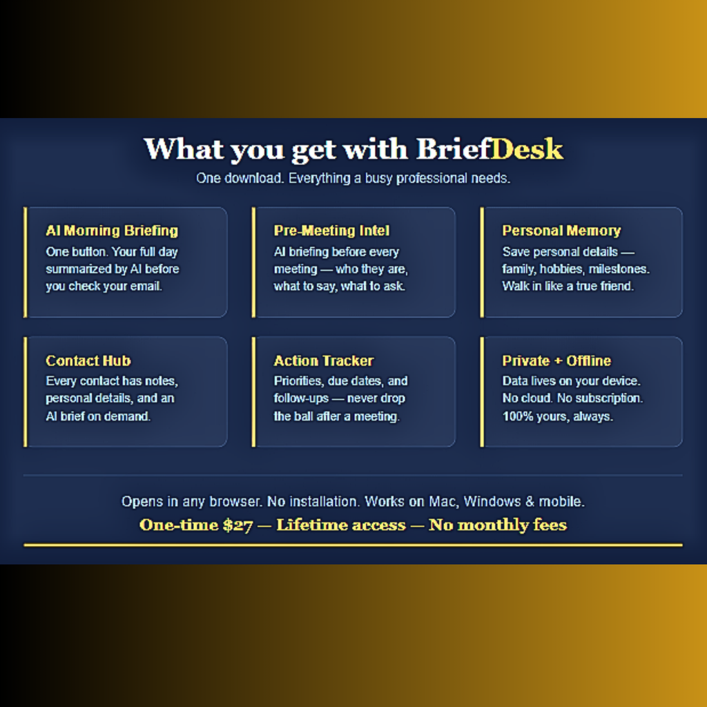 Promotional graphic for BriefDesk with features listed on a blue and gold background. Powered by Claude AI by Anthropic.