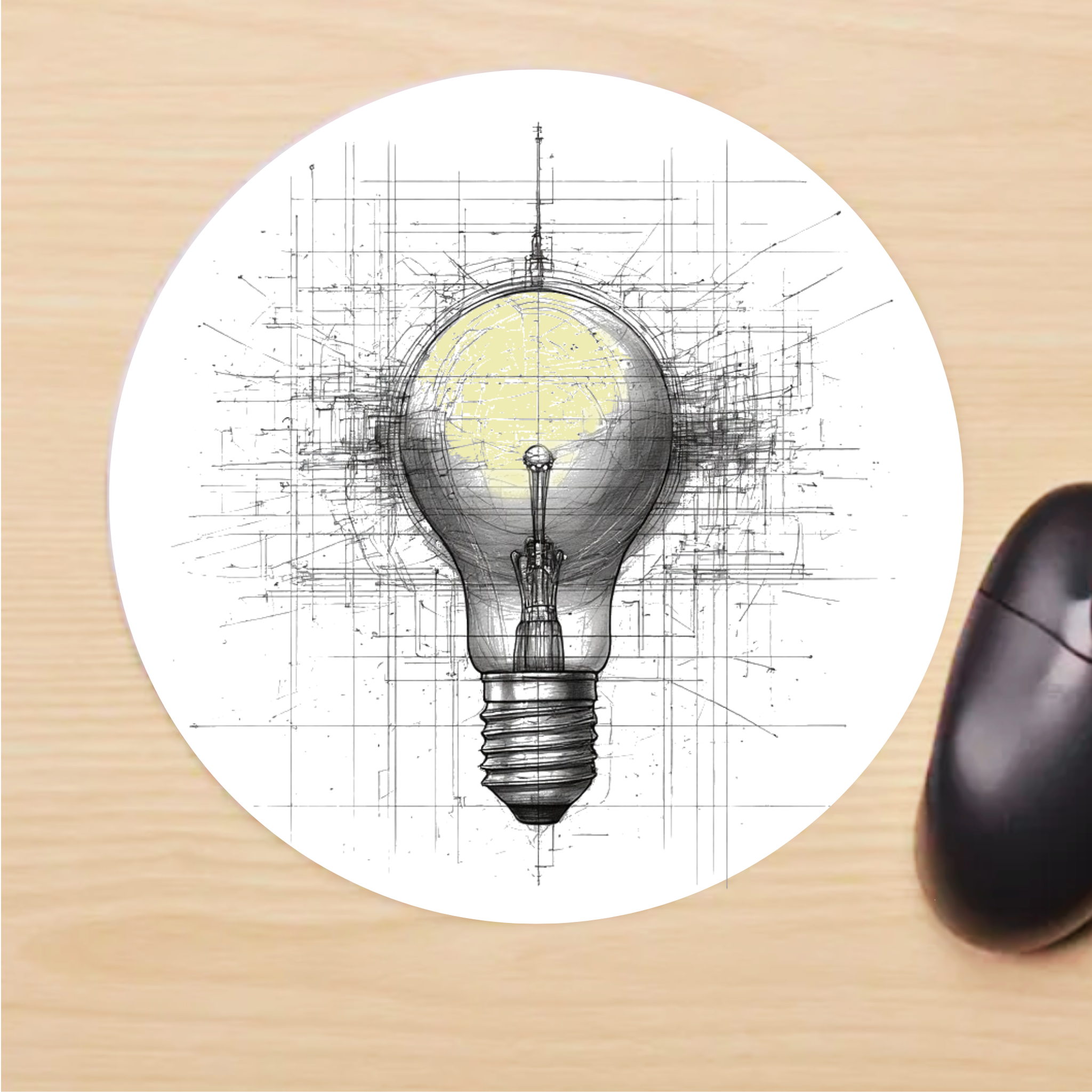 Light bulb design on a mouse pad with a computer mouse beside it.