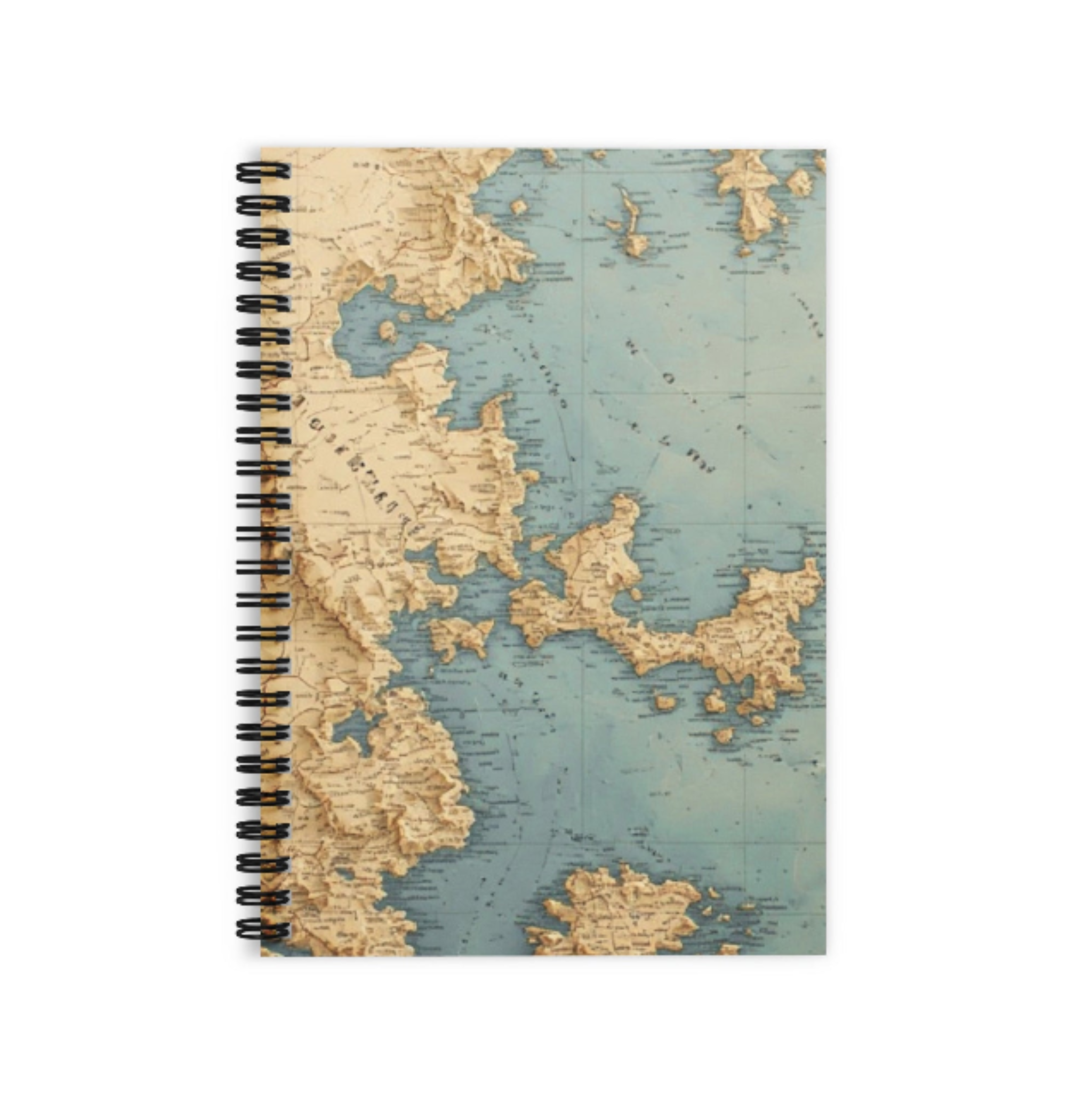Notebook with world map design on cover, a white background.