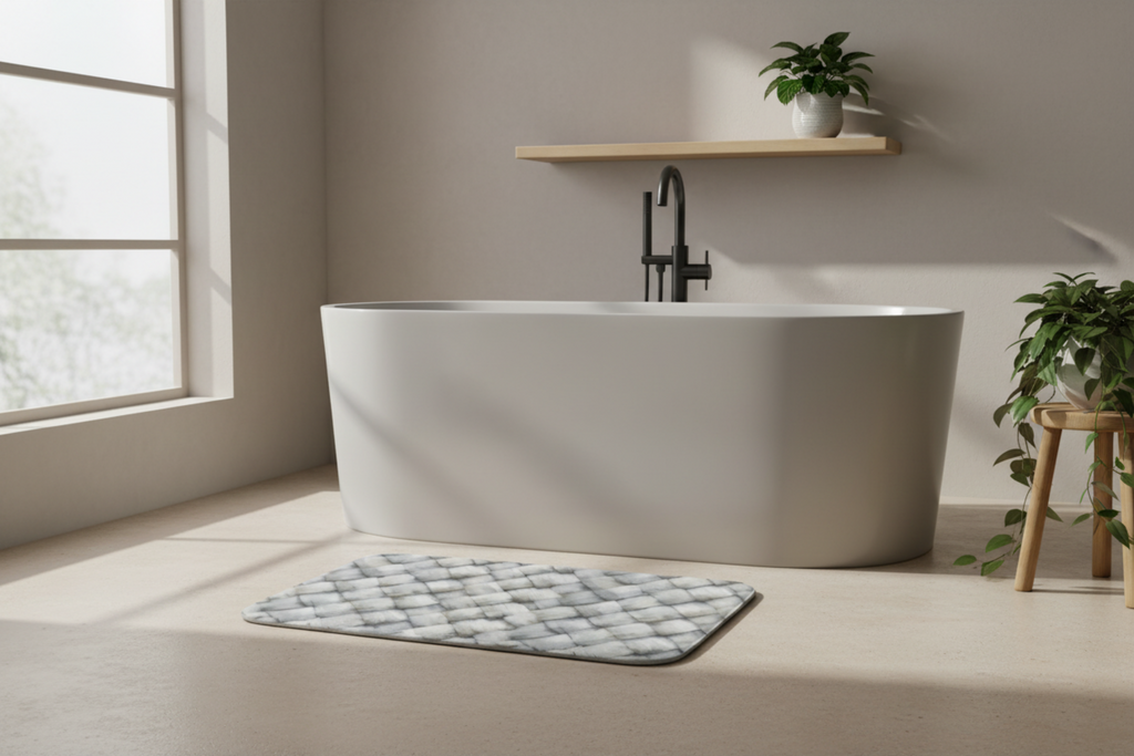 Memory foam bath mat with a photorealistic grey and white herringbone woven texture print for a modern bathroom.