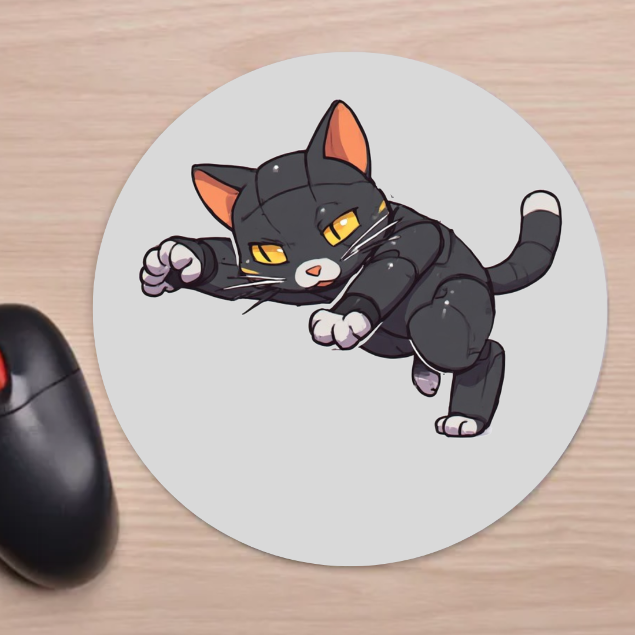 Round mouse pad with a cartoon black cat design on a wooden surface next to a computer mouse.