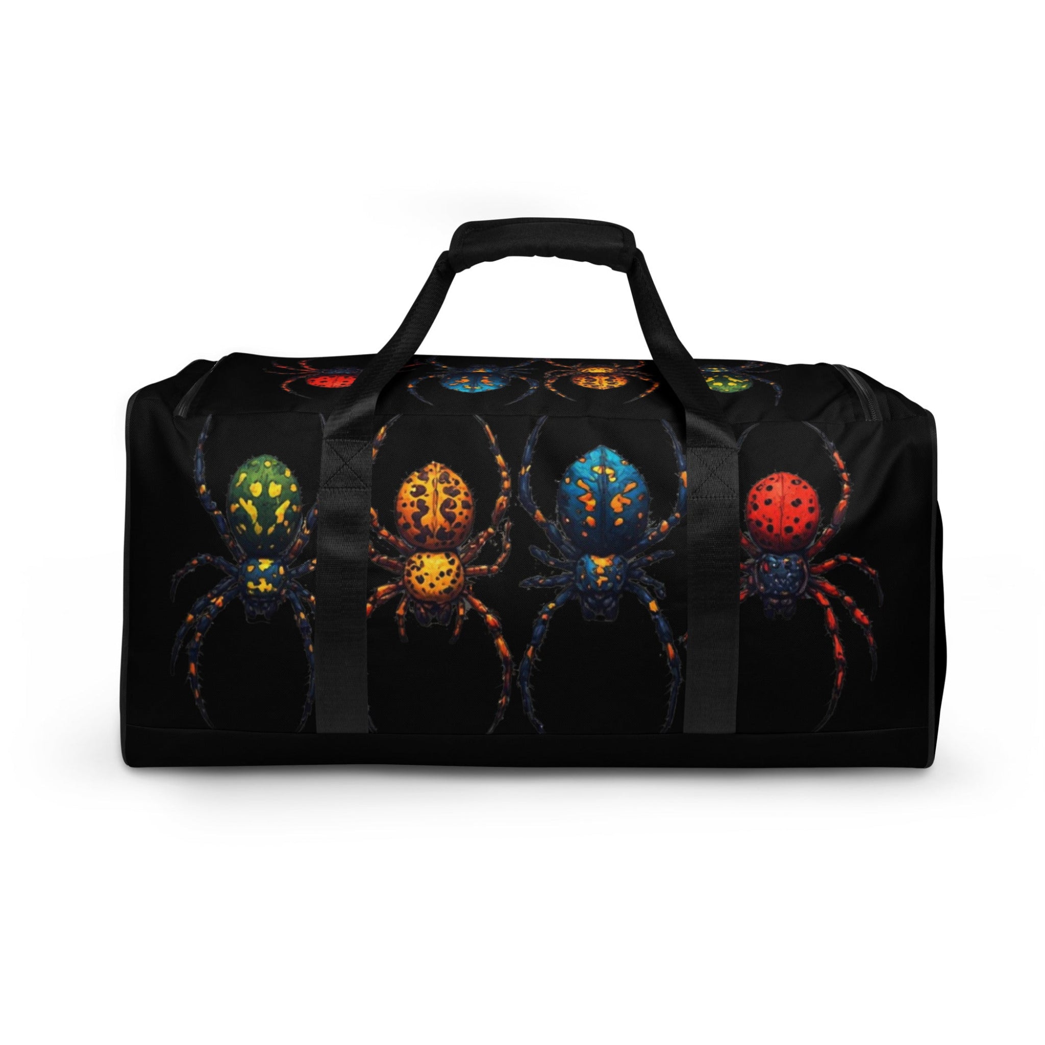 A black duffel bag featuring a graphic print of four colorful spiders in green, orange, blue, and red on a white background.