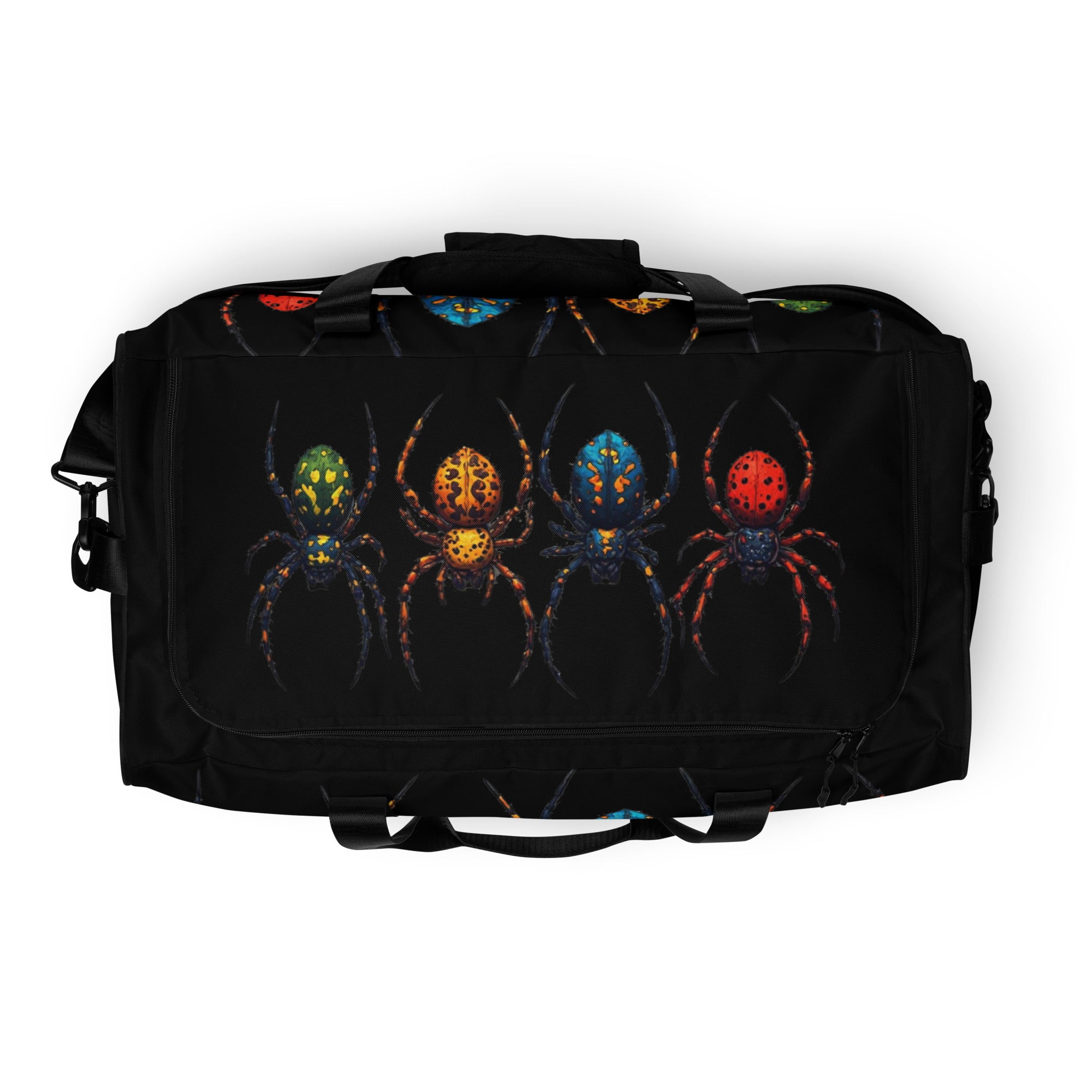 A black duffel bag featuring a graphic print of four stylized spiders in green, orange, blue, and red on the front pocket, shown against a plain white background.