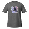 Gray t-shirt with a graphic design of a Marlin jumping out of water on a watercolor background. 