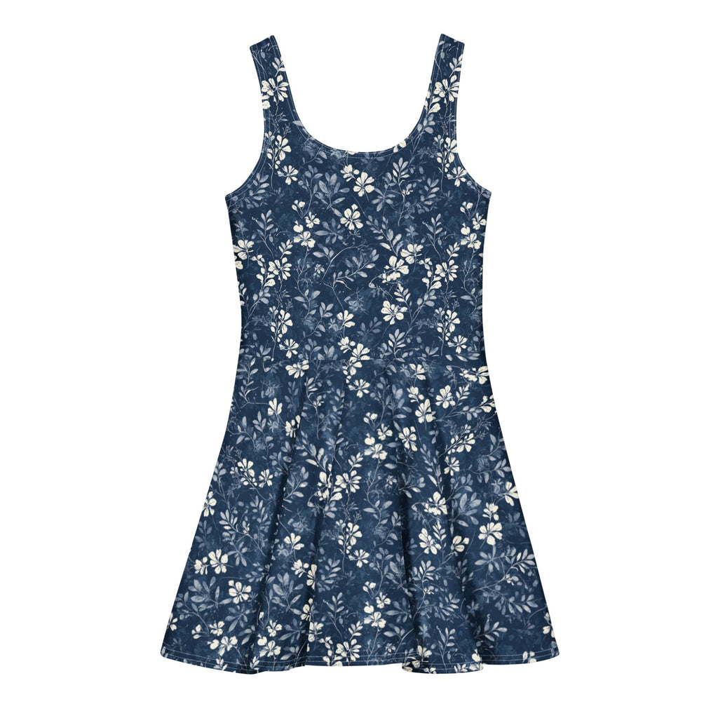 Navy & White Floral Skater Dress. This design features a delicate, hand-illustrated botanical print of white blossoms over a deep navy backdrop