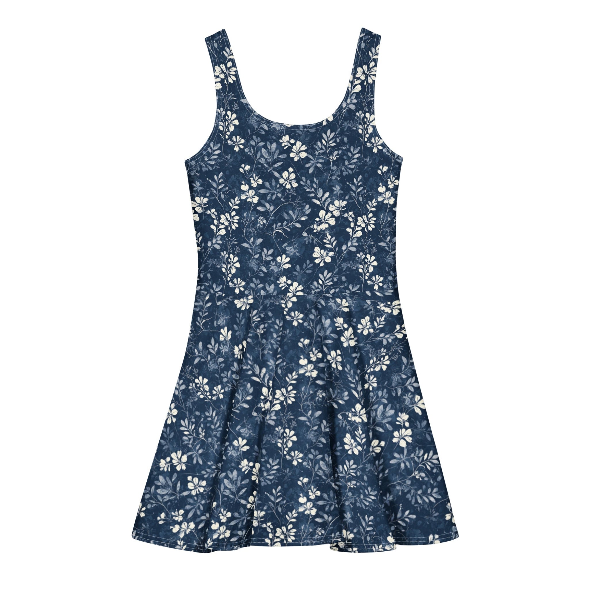 Navy & White Floral Skater Dress. This design features a delicate, hand-illustrated botanical print of white blossoms over a deep navy backdrop