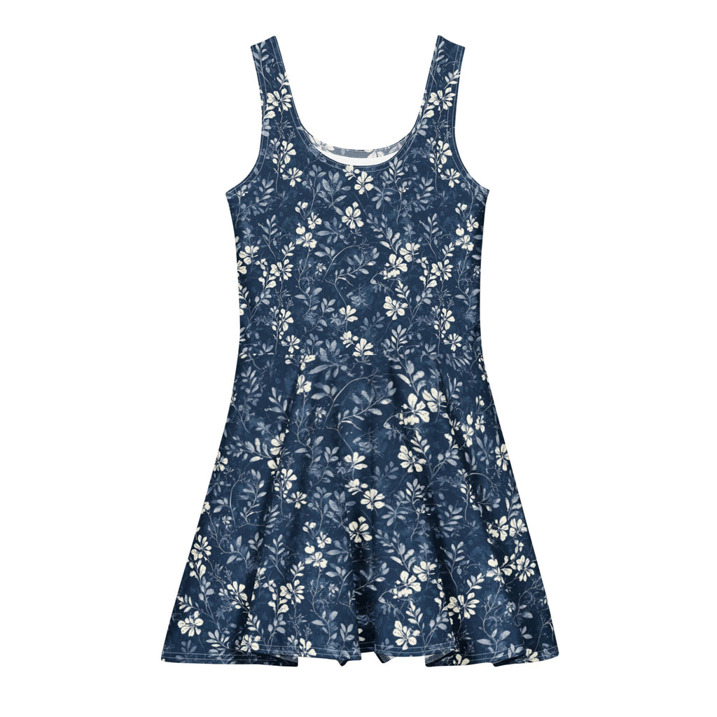 Navy & White Floral Skater Dress. This design features a delicate, hand-illustrated botanical print of white blossoms over a deep navy backdrop