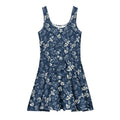 Navy & White Floral Skater Dress. This design features a delicate, hand-illustrated botanical print of white blossoms over a deep navy backdrop