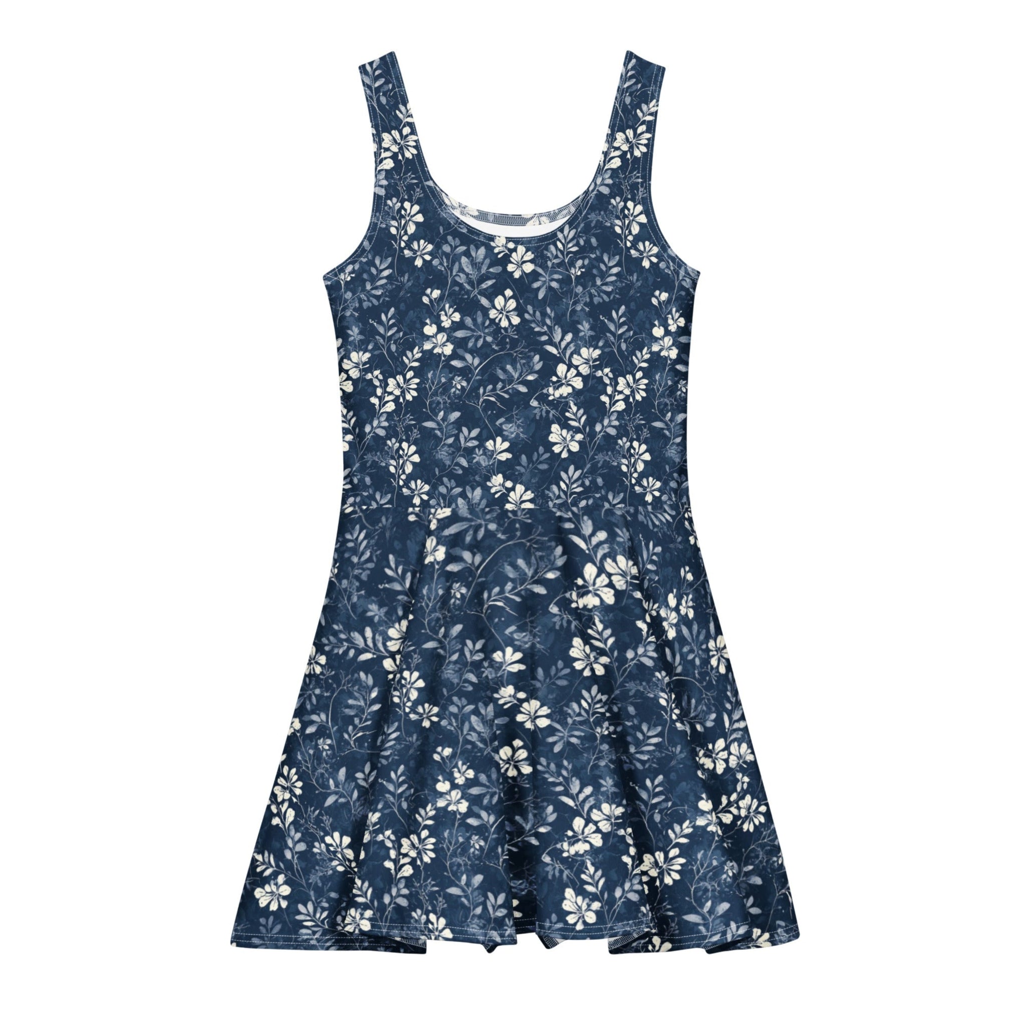 Navy & White Floral Skater Dress. This design features a delicate, hand-illustrated botanical print of white blossoms over a deep navy backdrop