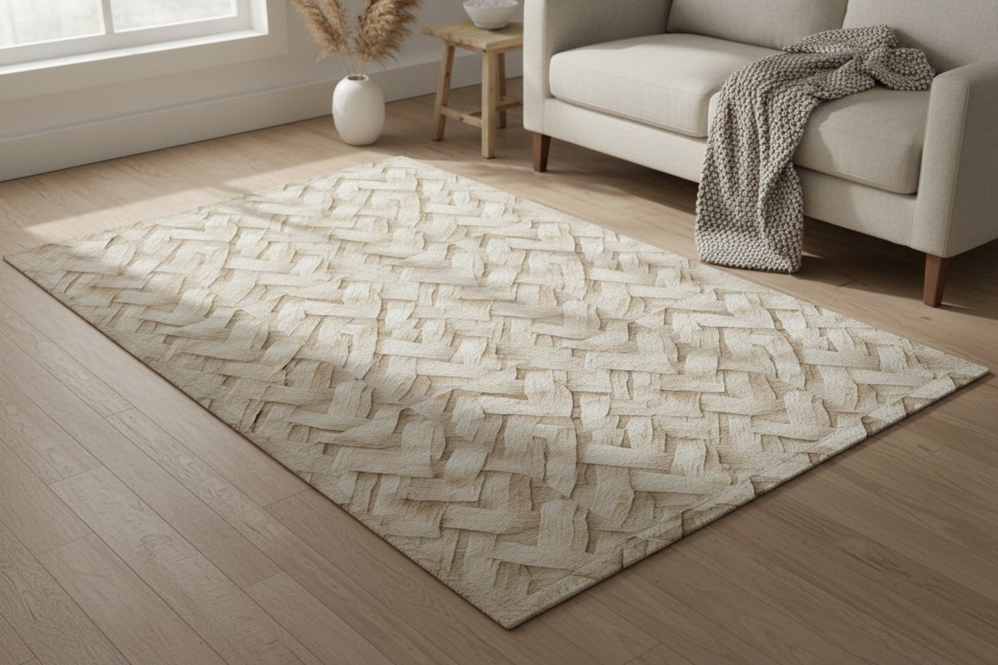 Beige woven patterned rug on a white background