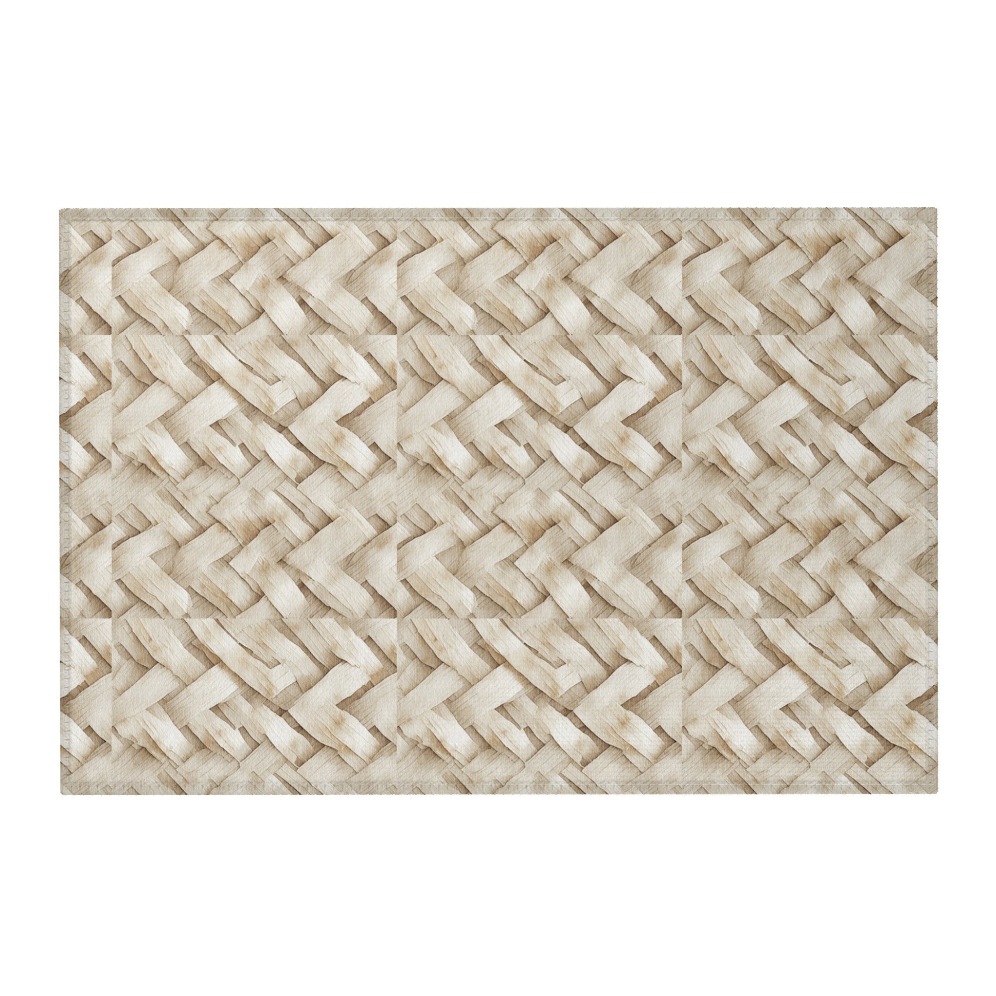 Beige woven look pattern area rug on a white background
