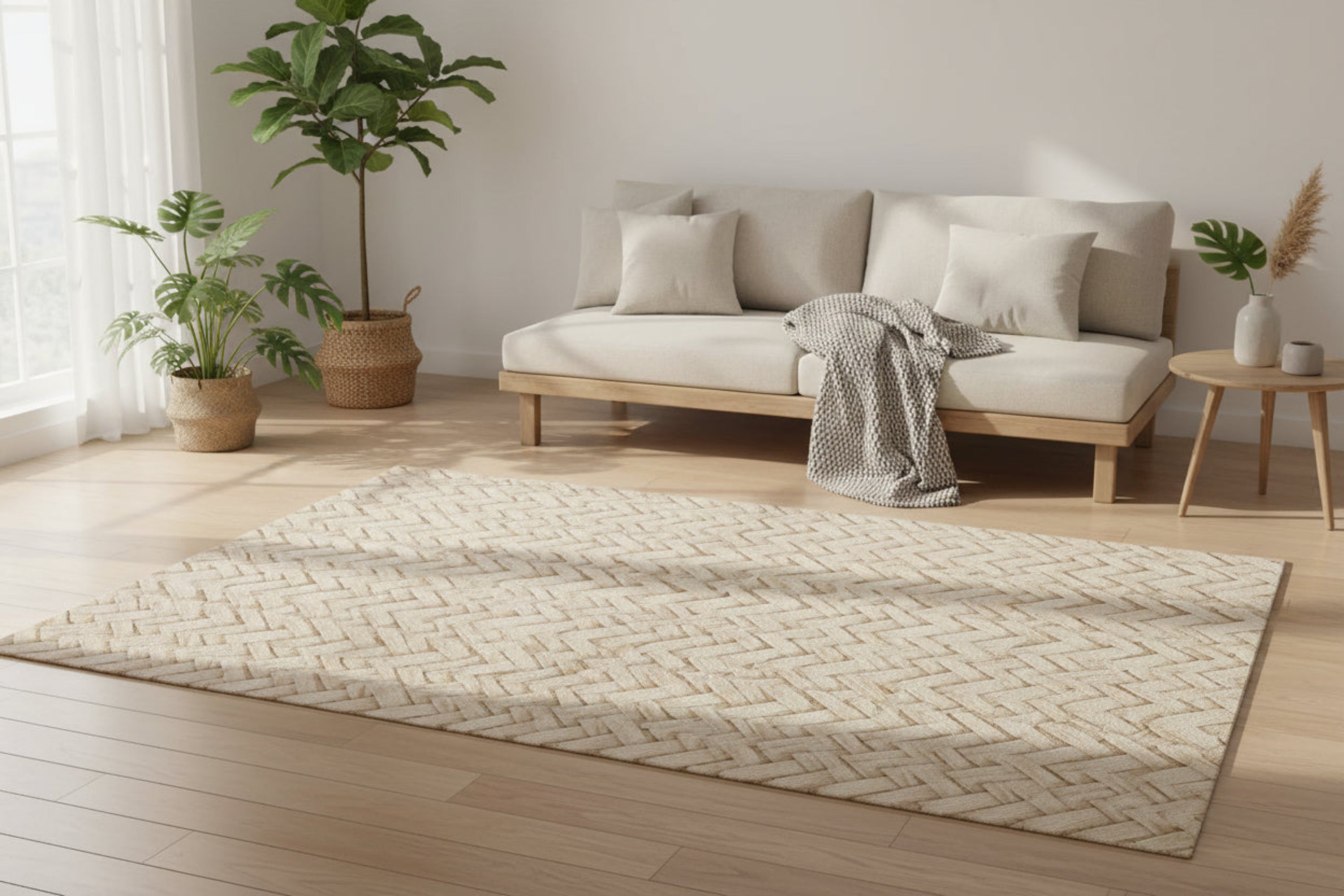Beige woven look pattern area rug on a white background