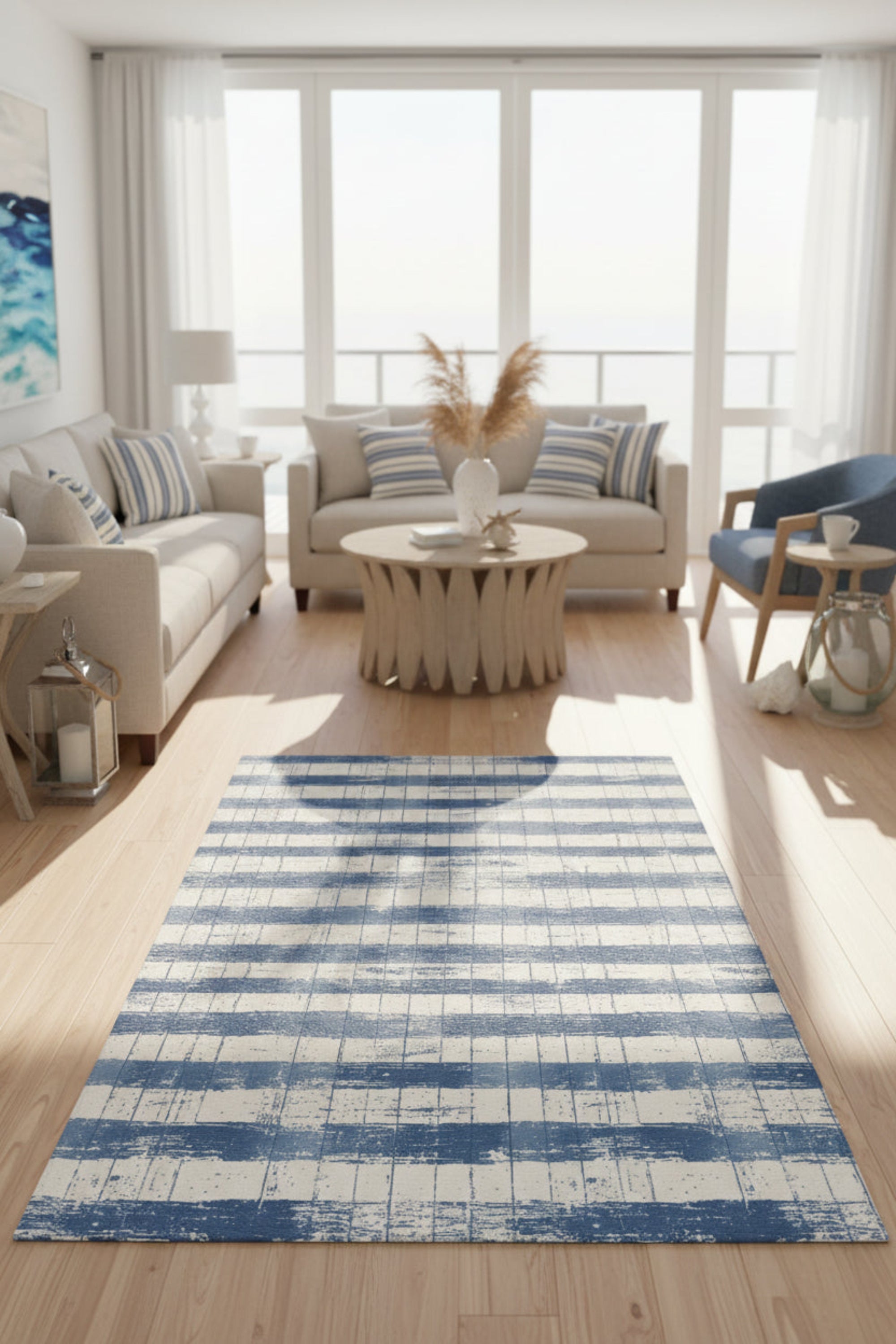 "Modern shiplap-style area rug with distressed blue and ivory stripes, perfect for a coastal or minimalist living room."
