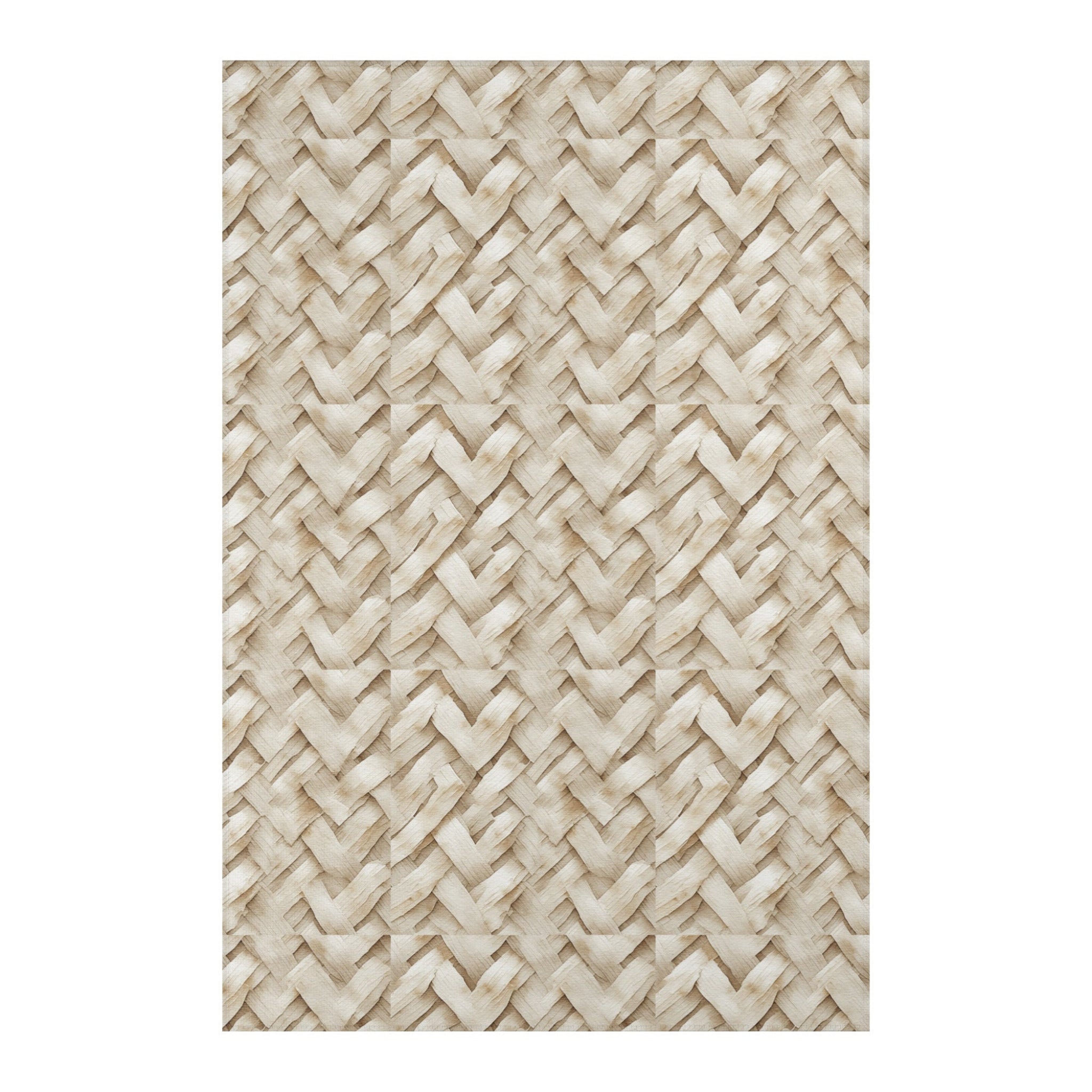 Neutral-toned area rug with a high-definition printed wicker weave pattern on soft 100% polyester chenille material.