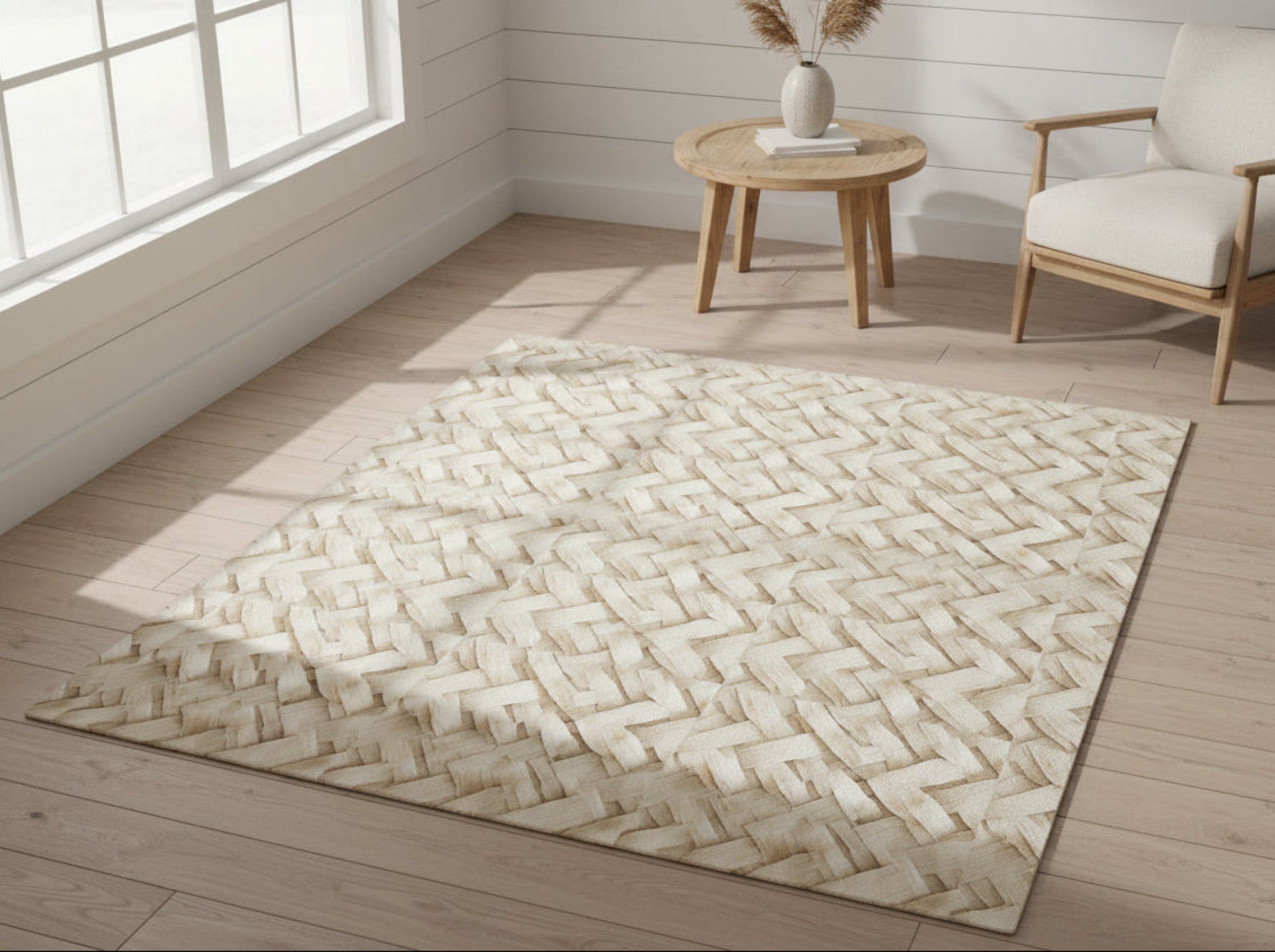 Neutral-toned area rug with a high-definition printed wicker weave pattern on soft 100% polyester chenille material.