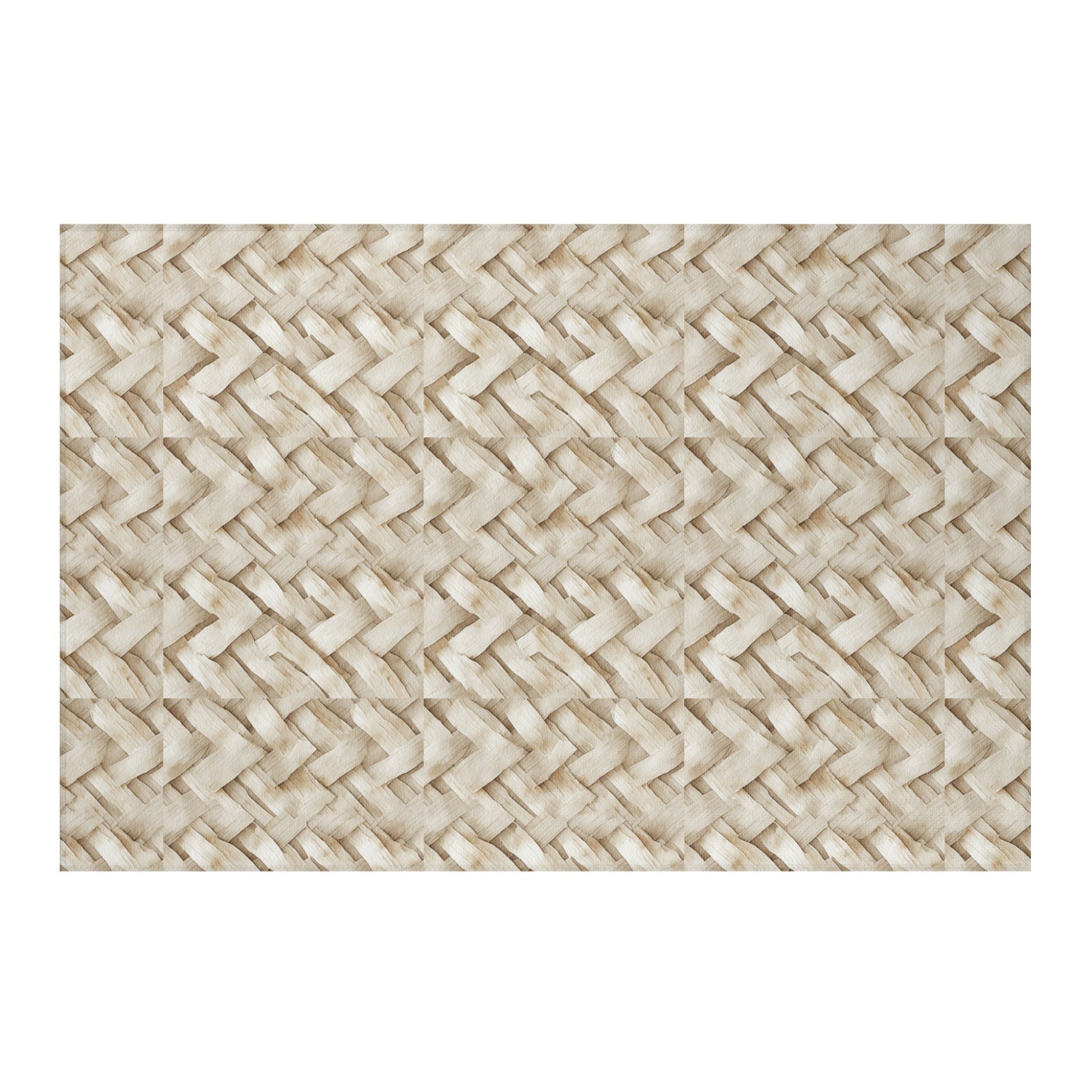 Neutral-toned area rug with a high-definition printed wicker weave pattern on soft 100% polyester chenille material.