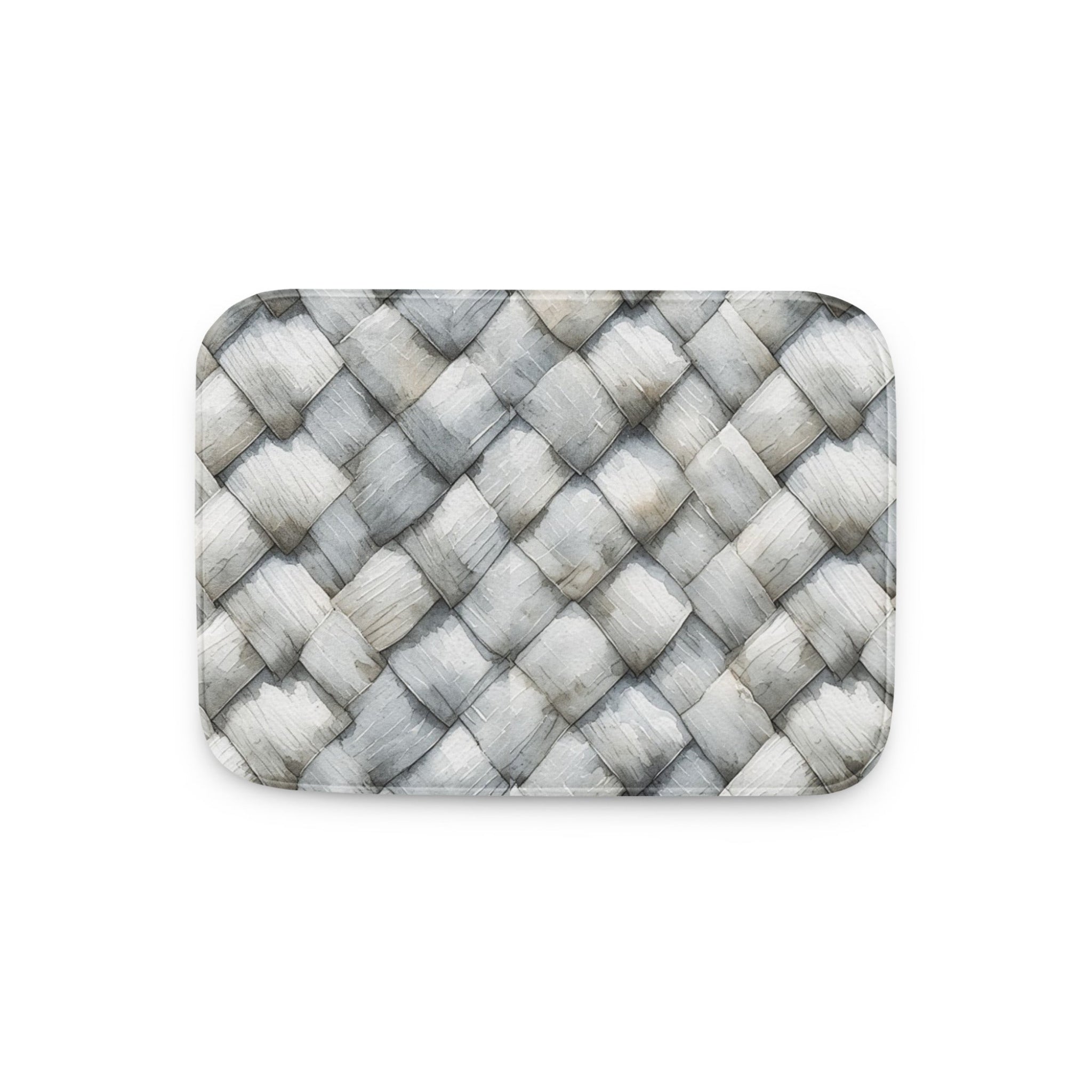 Memory foam bath mat with a photorealistic grey and white herringbone woven texture print for a modern bathroom.