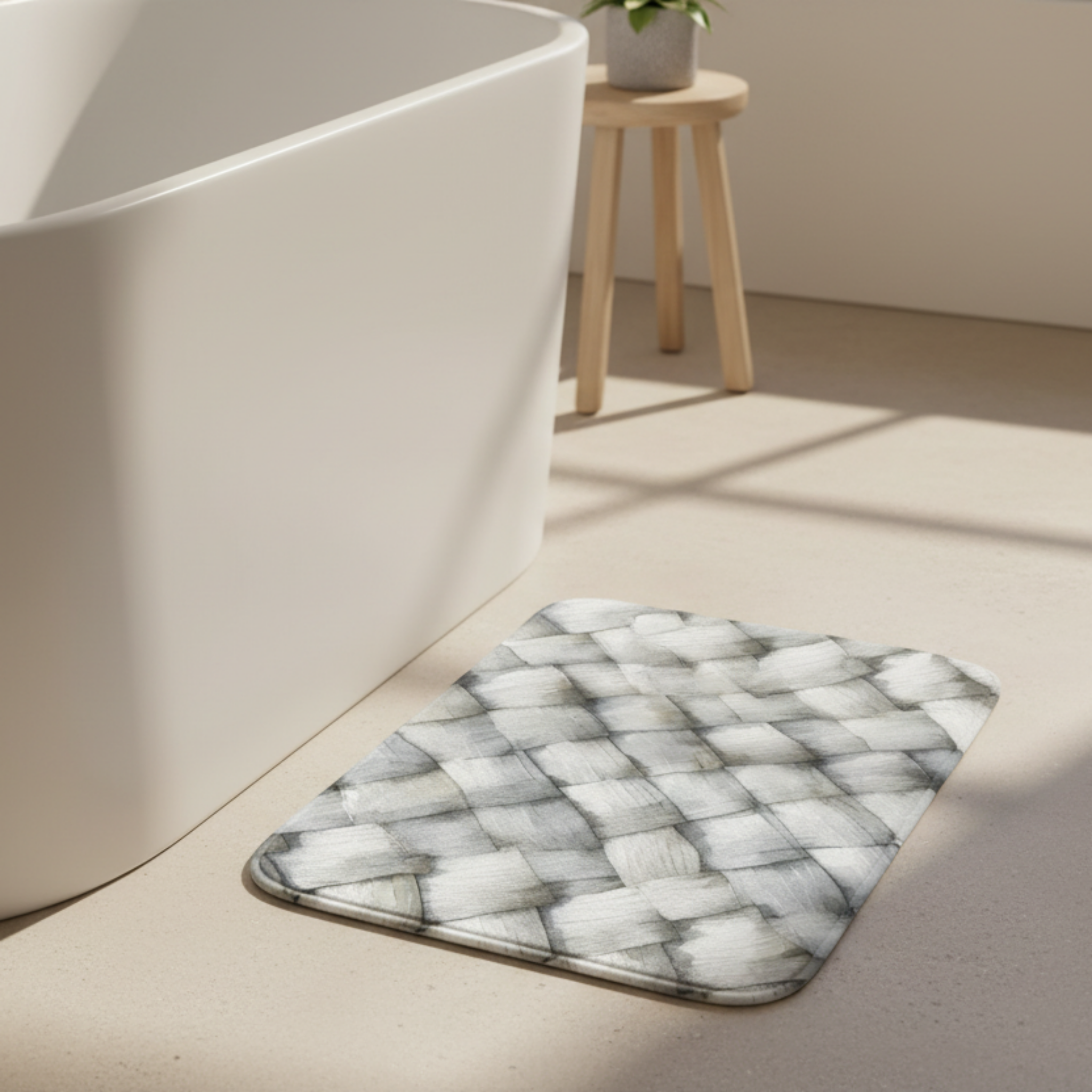 Bath mat with woven pattern on a bathroom floor