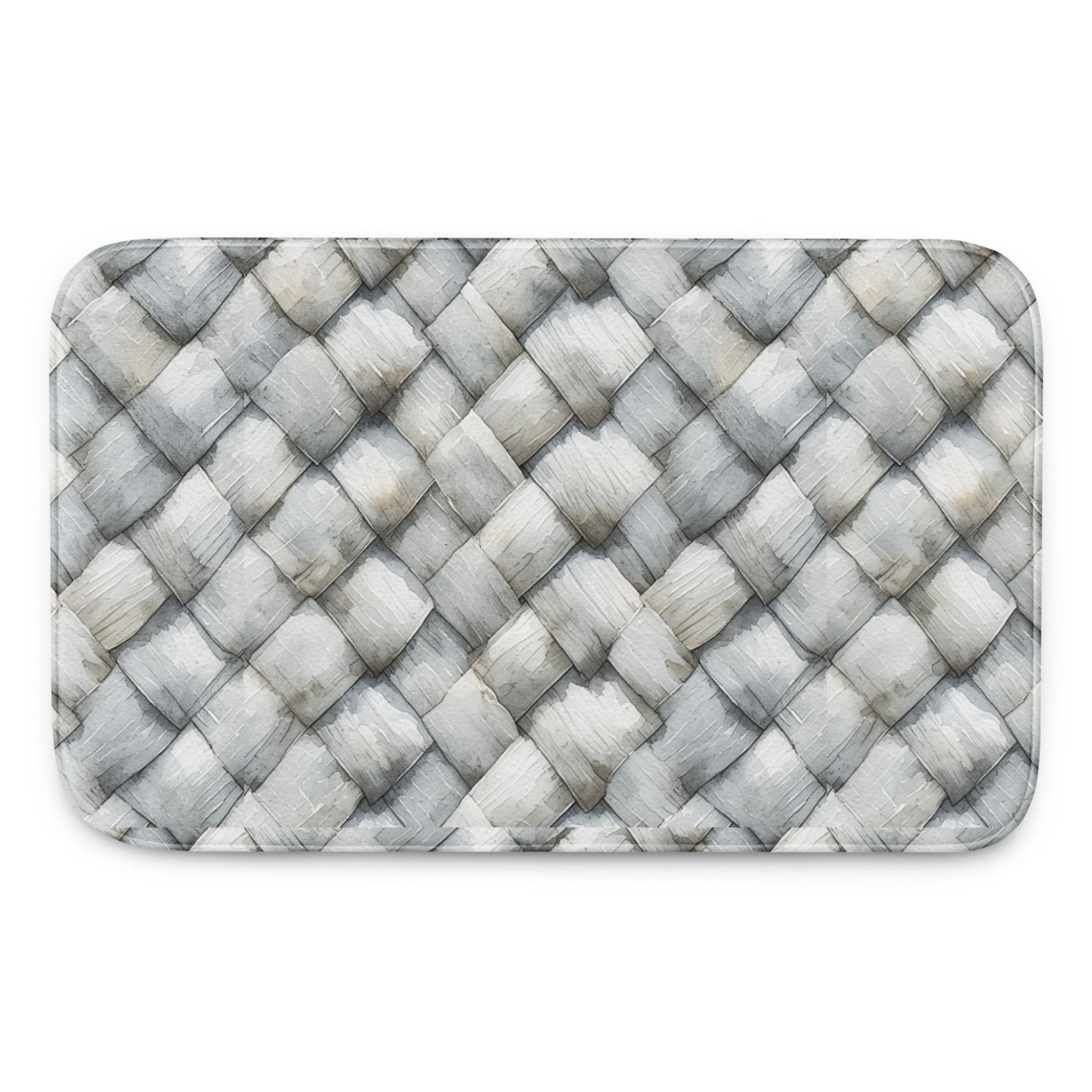 Memory foam bath mat with a photorealistic grey and white herringbone woven texture print for a modern bathroom.