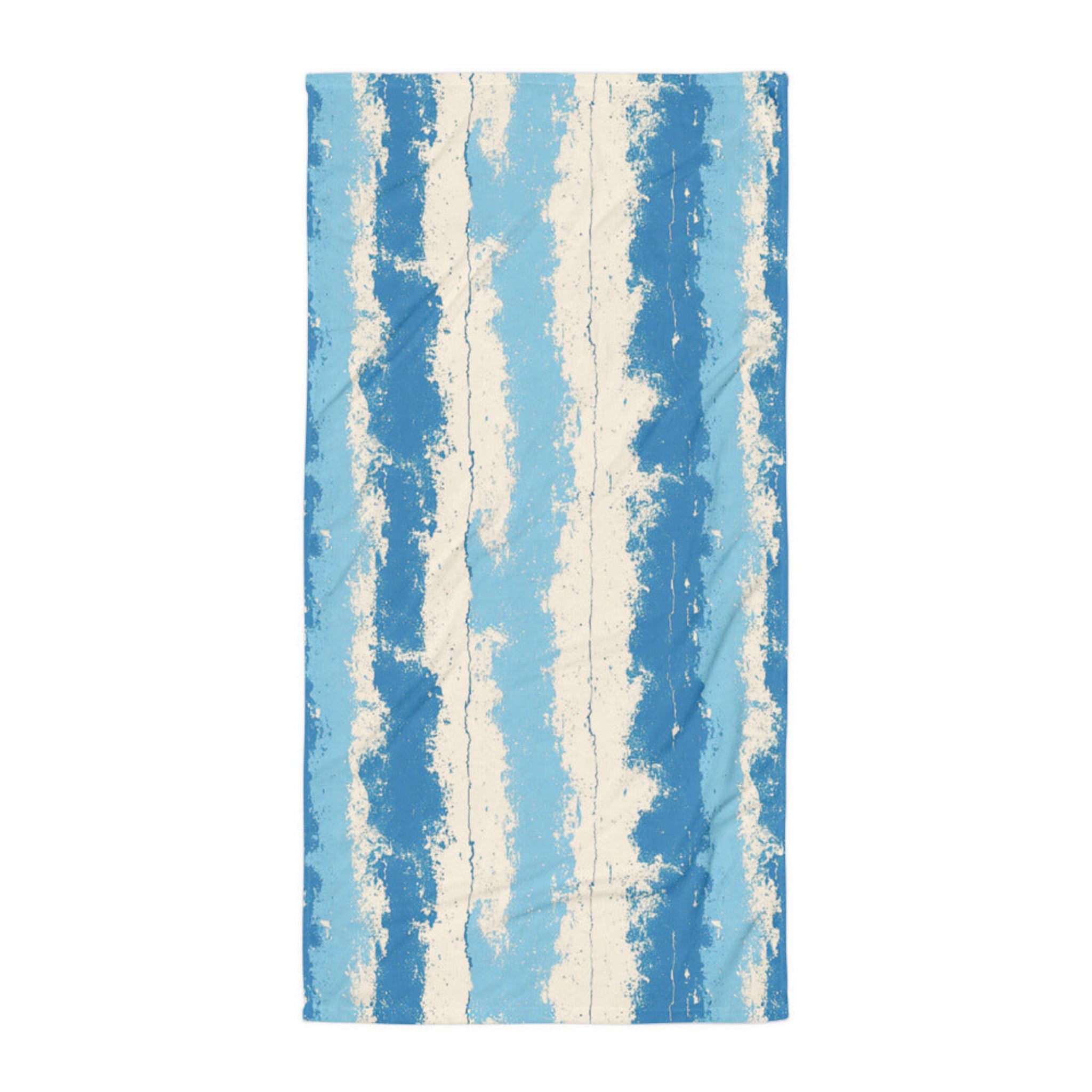 Towel with blue and white abstract pattern on a white background