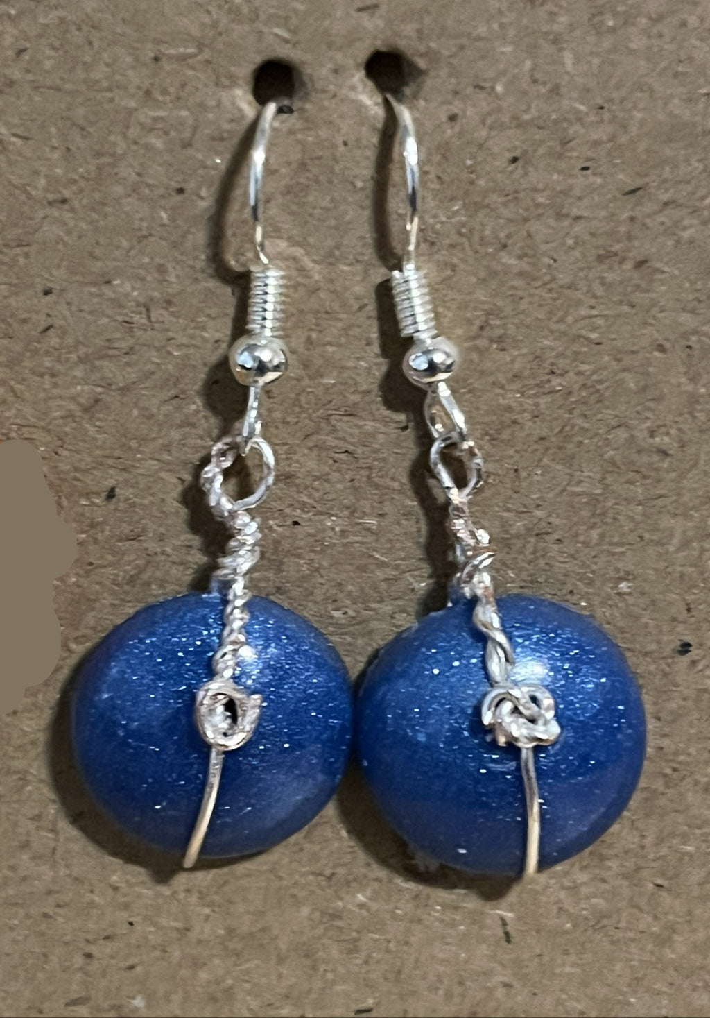 Blue Resin Drop Earrings | Handmade Silver Wire Wrapped Shimmer Dangles.