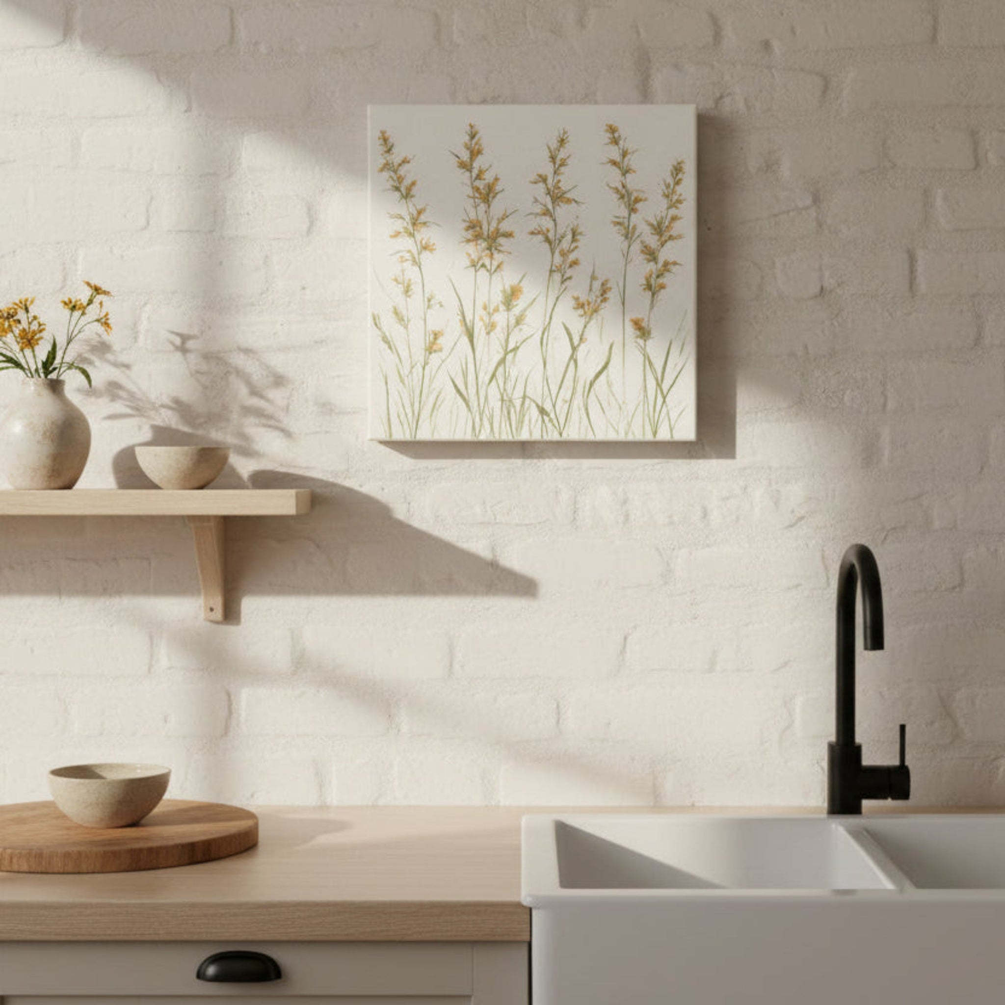 Kitchen interior with a painting of plants on the wall, wooden shelves, and a sink.