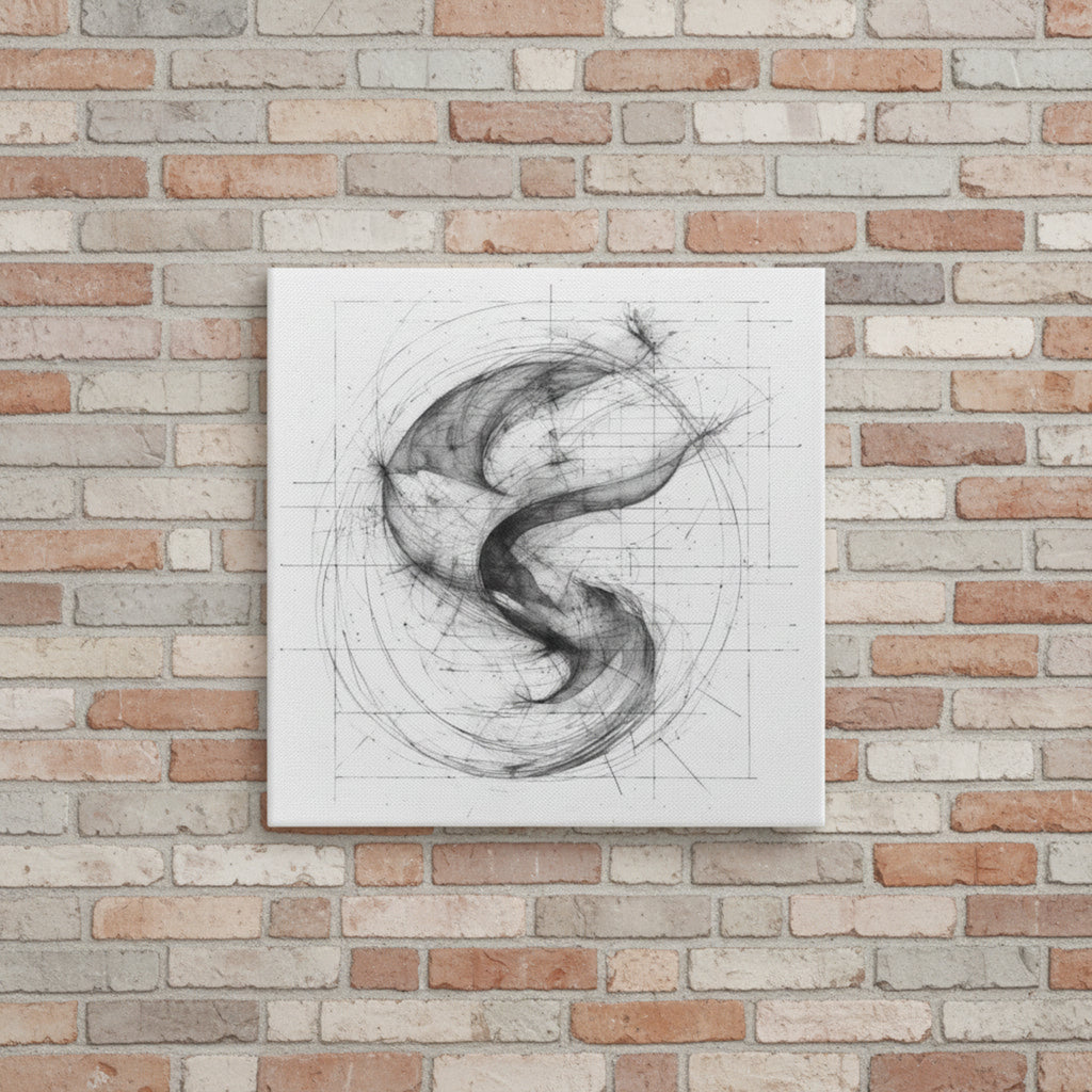 Abstract black and white drawing on a textured brick wall