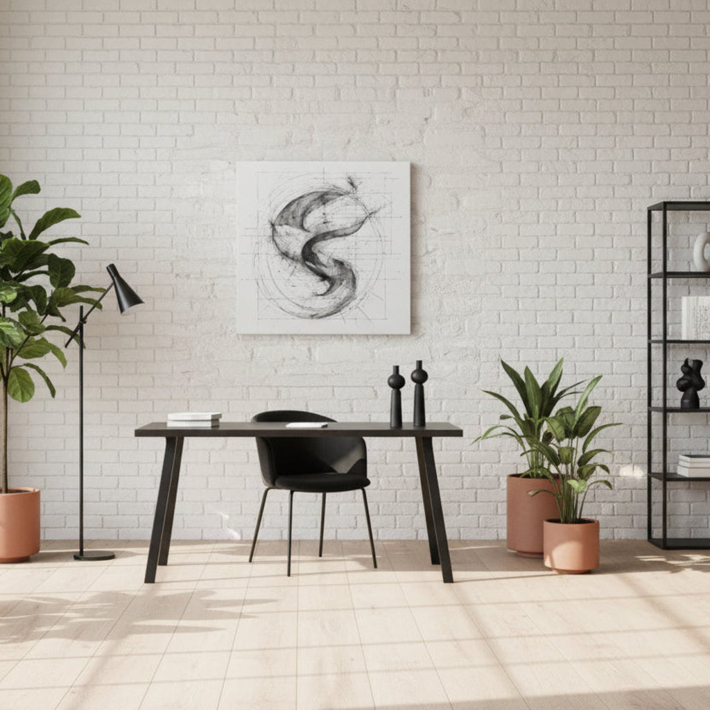 Abstract black and white drawing on a textured white wall