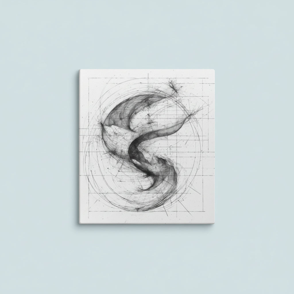 Abstract black line art on a light blue background.
