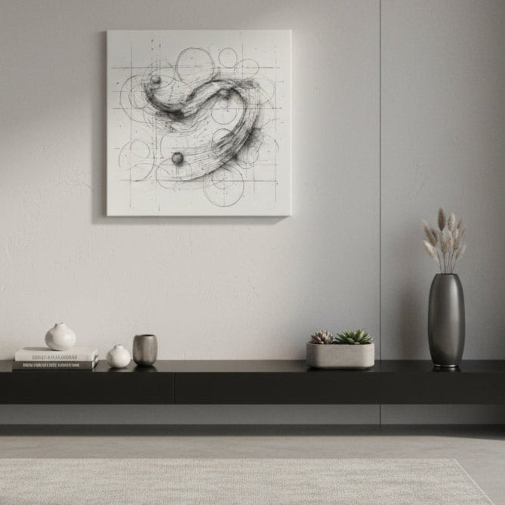 Abstract black line art on a white background with geometric elements