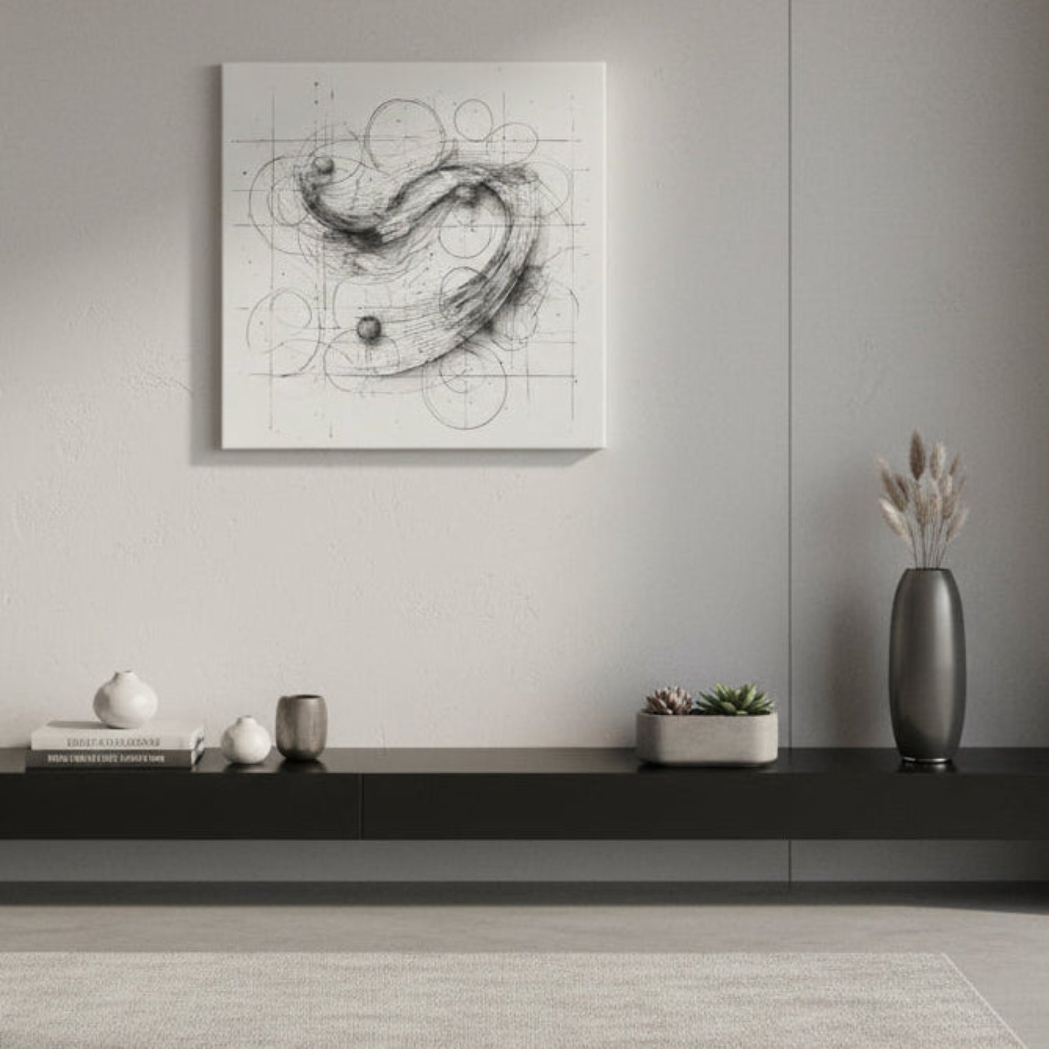 Abstract black line art on a white background with geometric elements