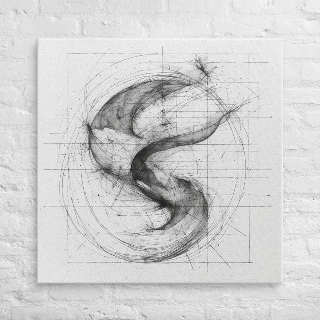 Black and white abstract design on a textured white wall