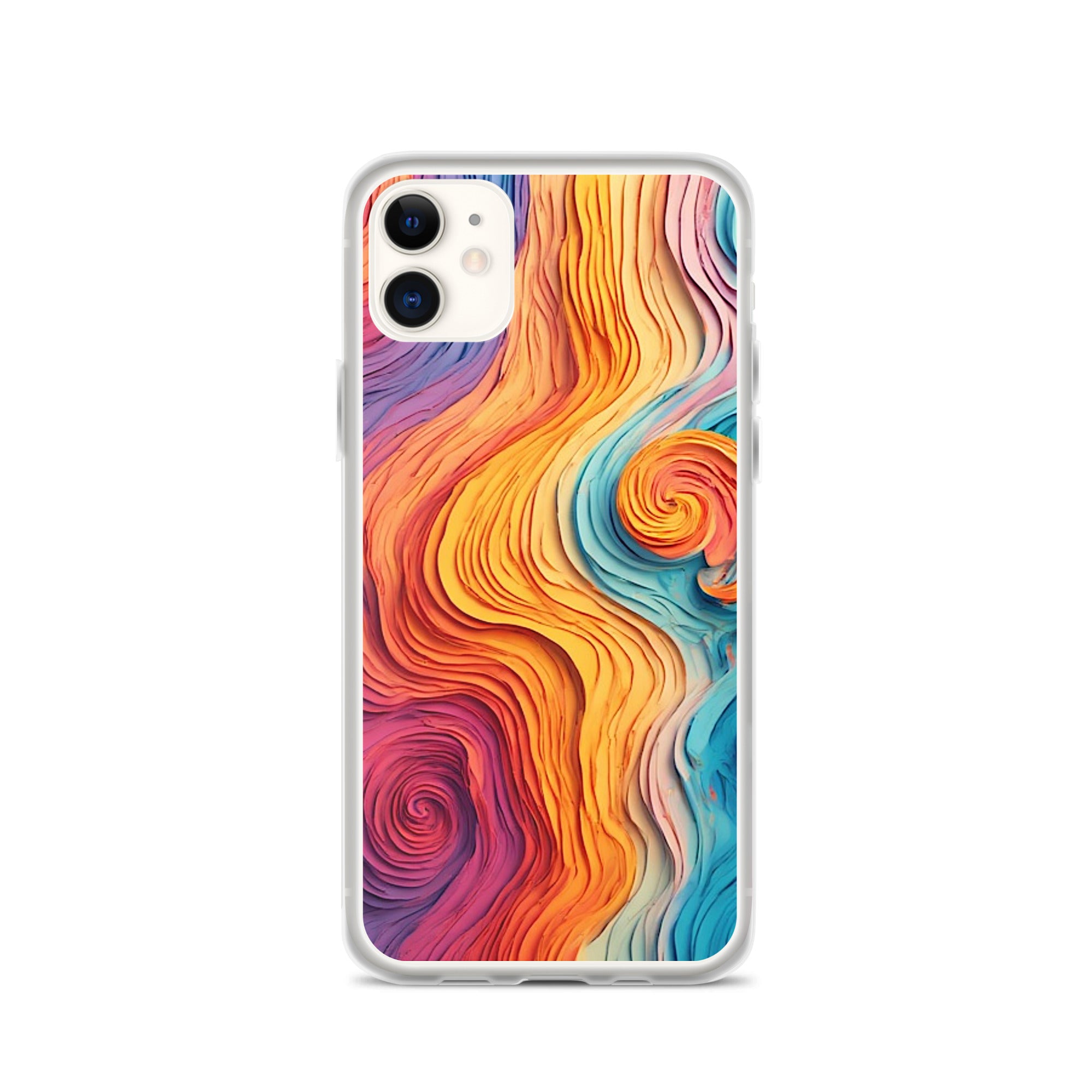 A clear iPhone case featuring a vibrant, multicolored abstract swirl pattern with flowing waves of orange, yellow, pink, purple, and blue, shown on a white background.