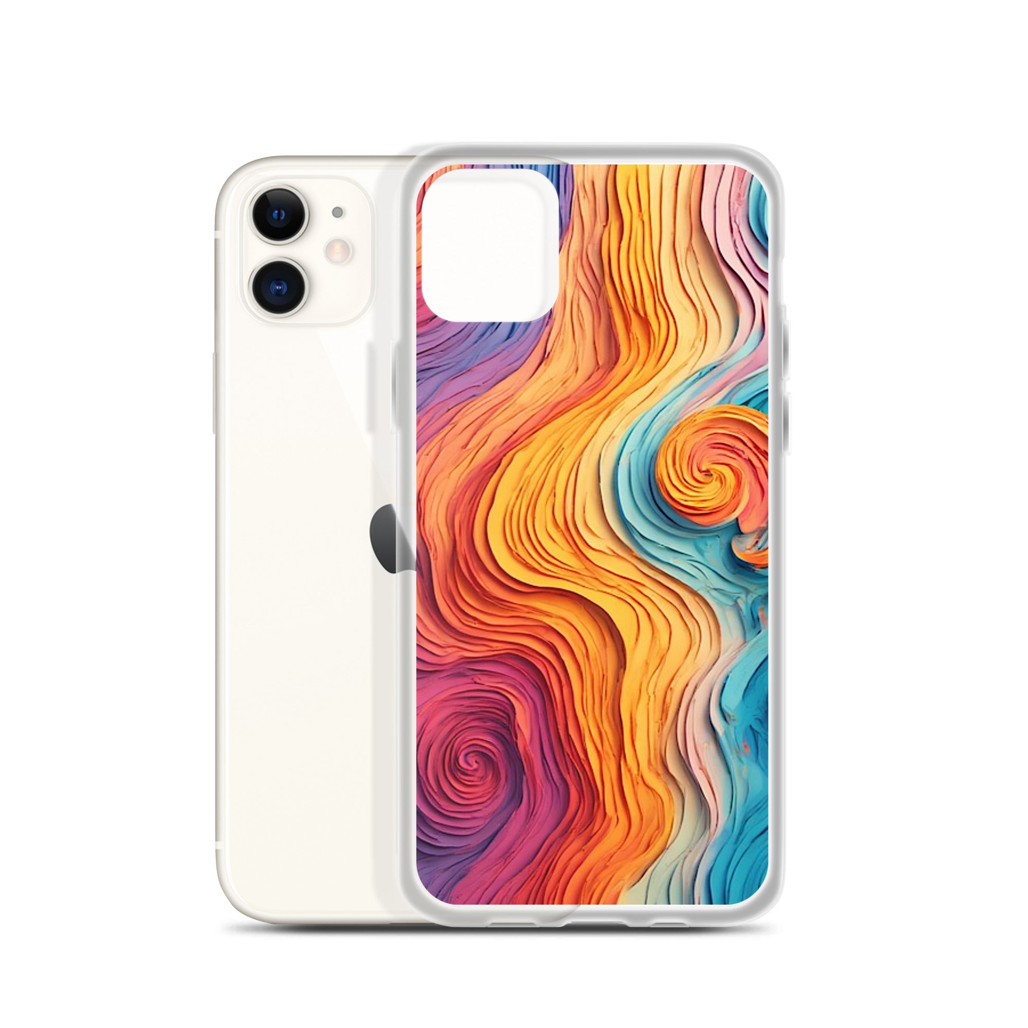 A clear iPhone case with a vibrant, multicolored abstract swirl pattern in orange, yellow, pink, purple, and blue, shown on a white iPhone against a plain white background.