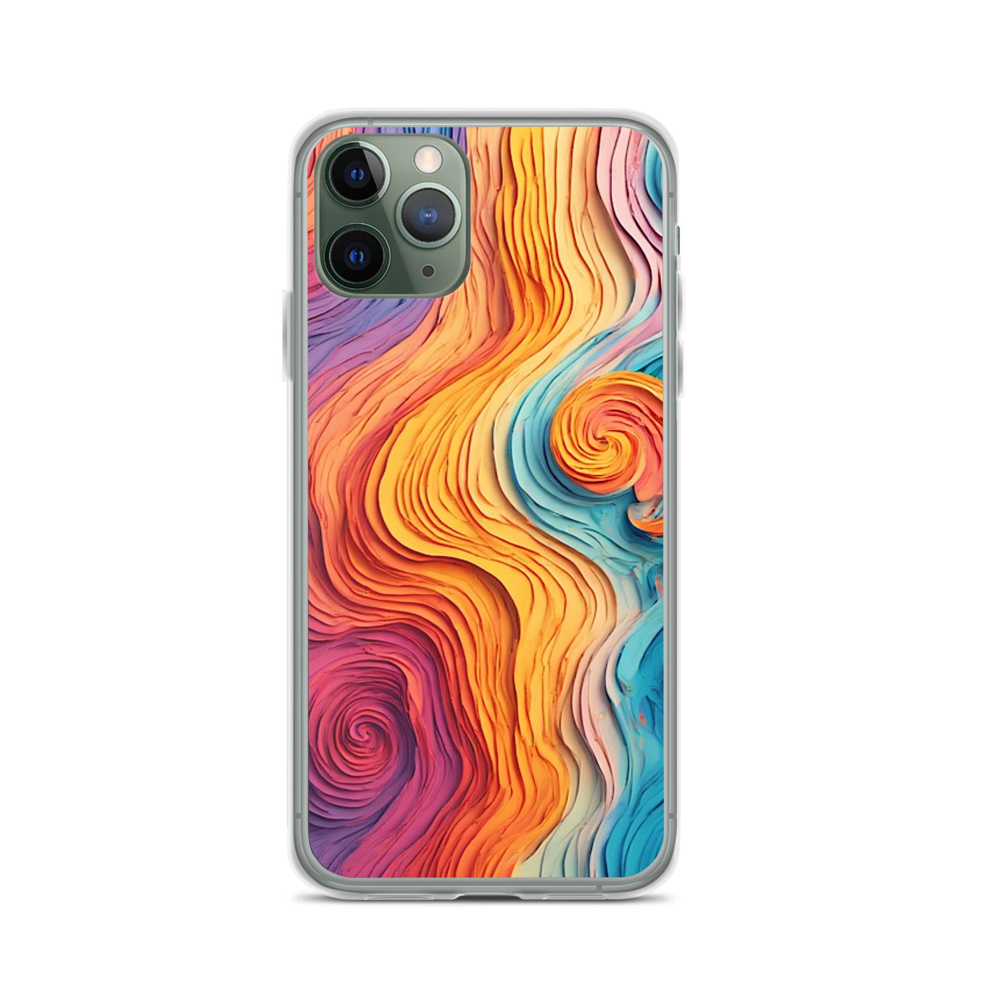 A clear iPhone case featuring a vibrant, multicolored abstract swirl pattern with flowing waves of orange, yellow, pink, purple, and blue, shown on a white background.
