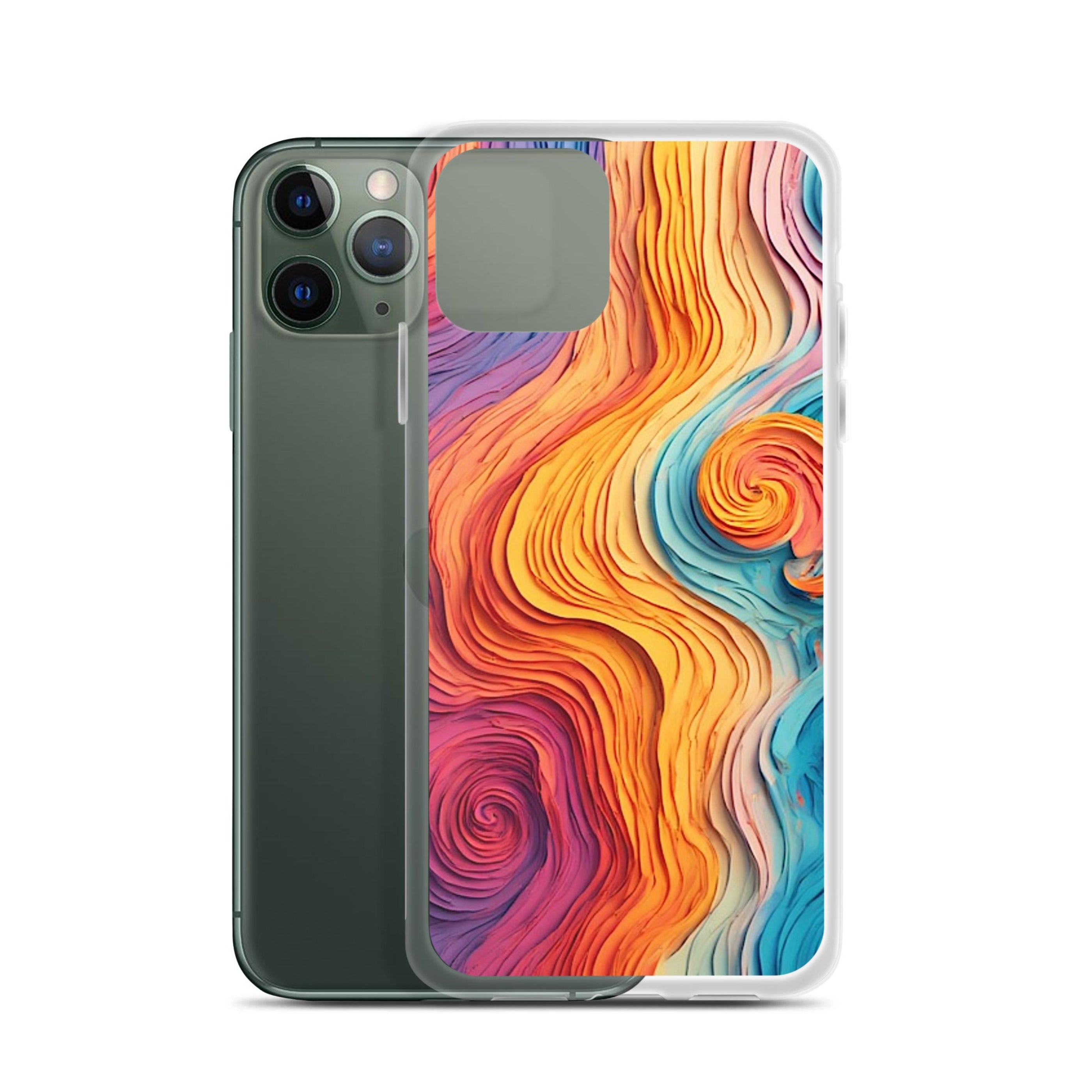 A clear smartphone case shown on the back of a dark green iPhone, featuring a vibrant, multicolored abstract swirl pattern in orange, yellow, pink, purple, and blue.