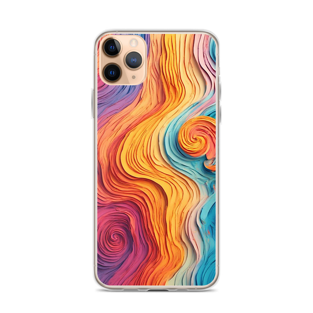 A clear iPhone case featuring a vibrant, multicolored abstract swirl pattern with flowing waves of orange, yellow, pink, purple, and blue, shown on a white background.
