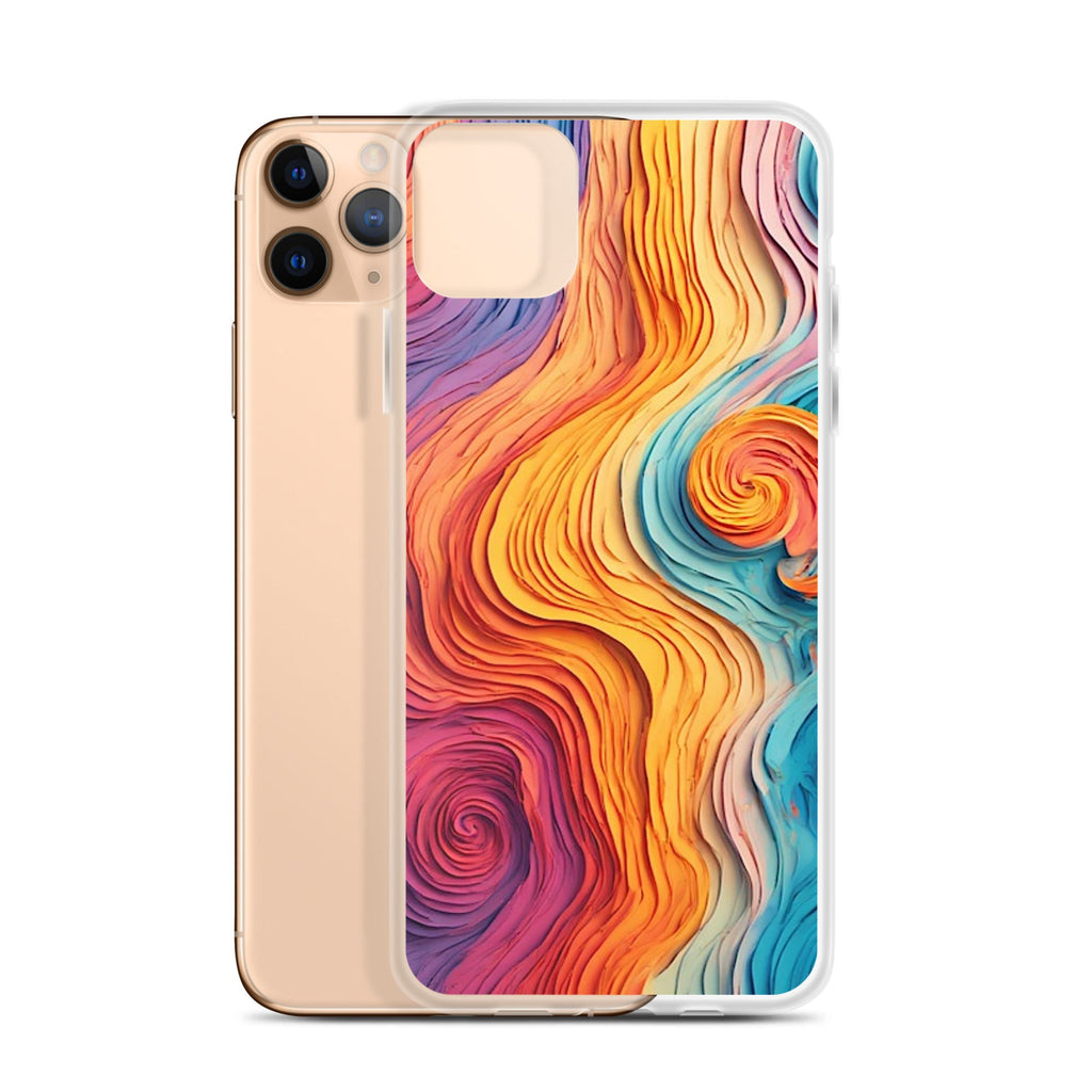 A clear smartphone case shown on the back of a gold iPhone, featuring a vibrant, multicolored abstract swirl pattern in orange, yellow, pink, purple, and blue.