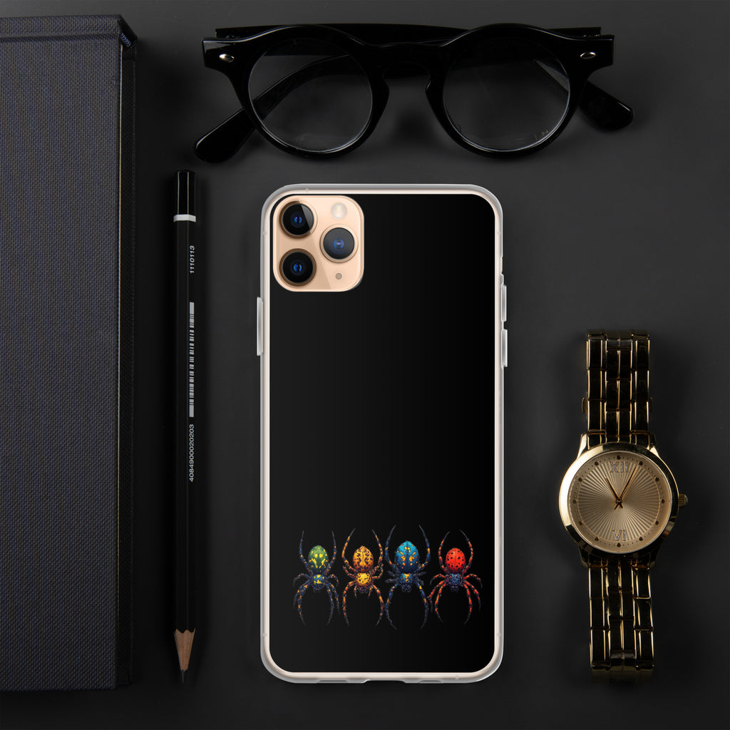Iphone case with a color spider design laying on black desk with a pen watch a eye glasses laying next to the Iphone.
