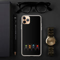 Iphone case with a color spider design laying on black desk with a pen watch a eye glasses laying next to the Iphone.
