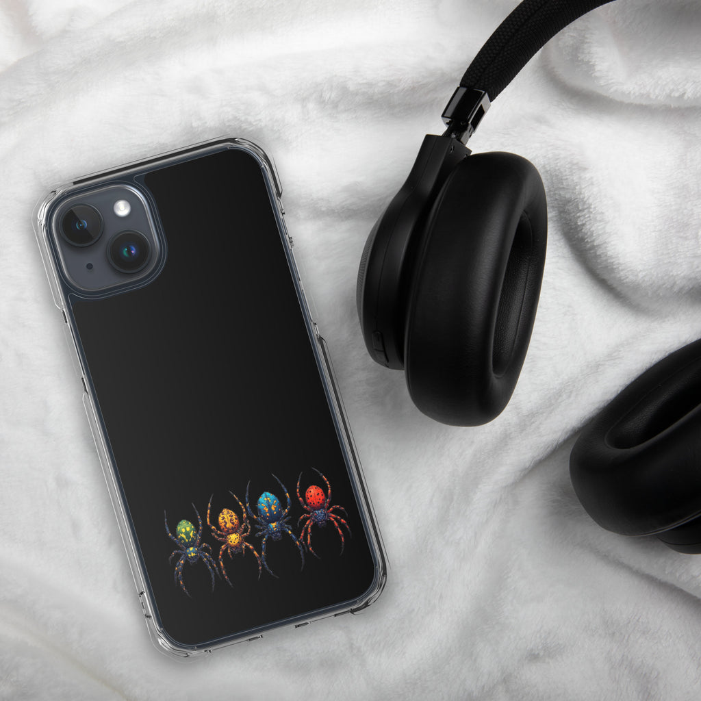 Phone case with black and gray checkered pattern next to black headphones on a white marble surface