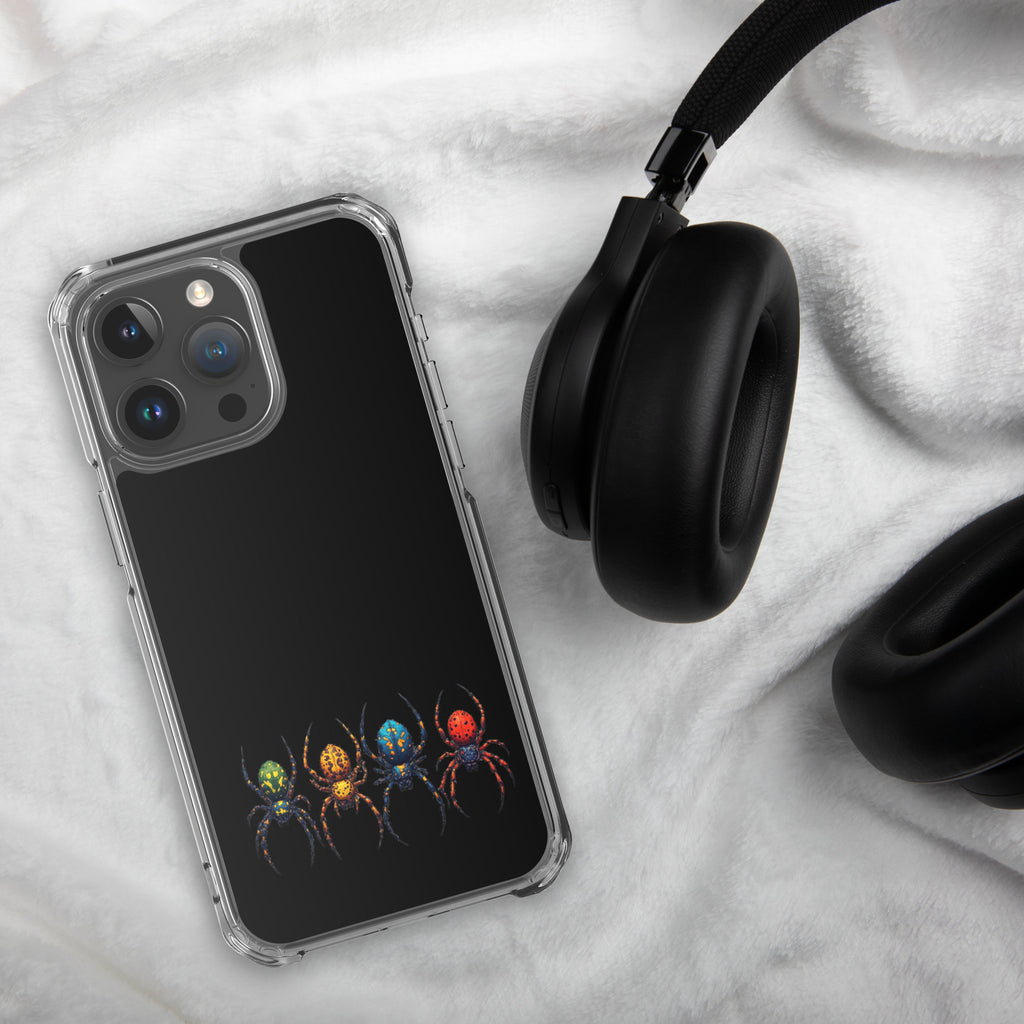 Phone case with black and gray checkered pattern next to black headphones on a white marble surface