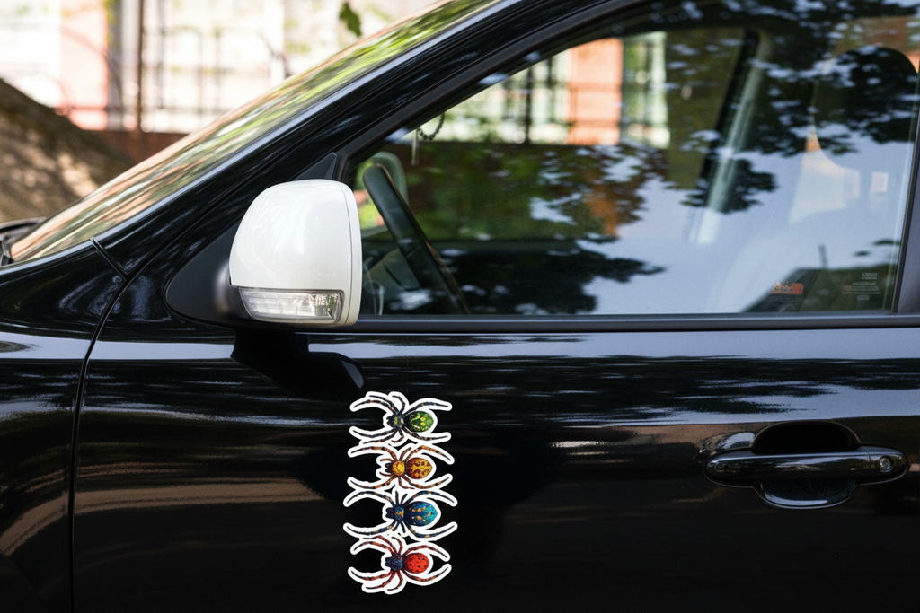 Colorful Spider Vinyl Decals on Black Car Door