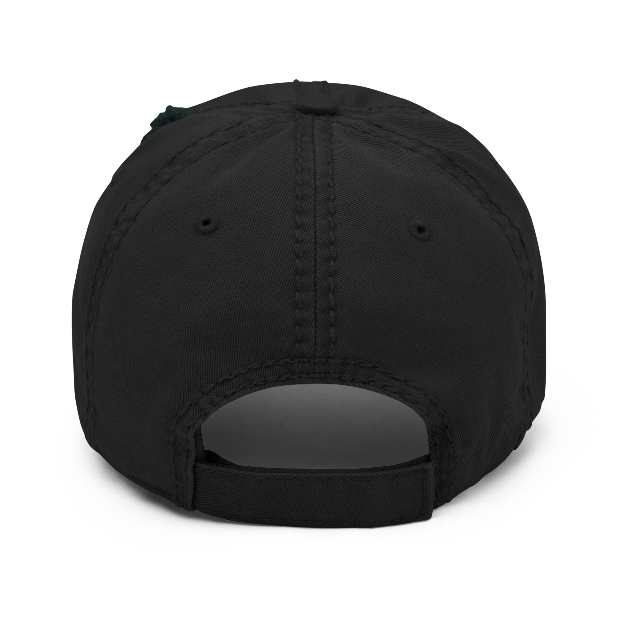 The back strap of a Distressed dad hat with full-color fisherman in a boat lake scene graphic printed on the front panel, black color, structured low-profile cap with adjustable back strap. 